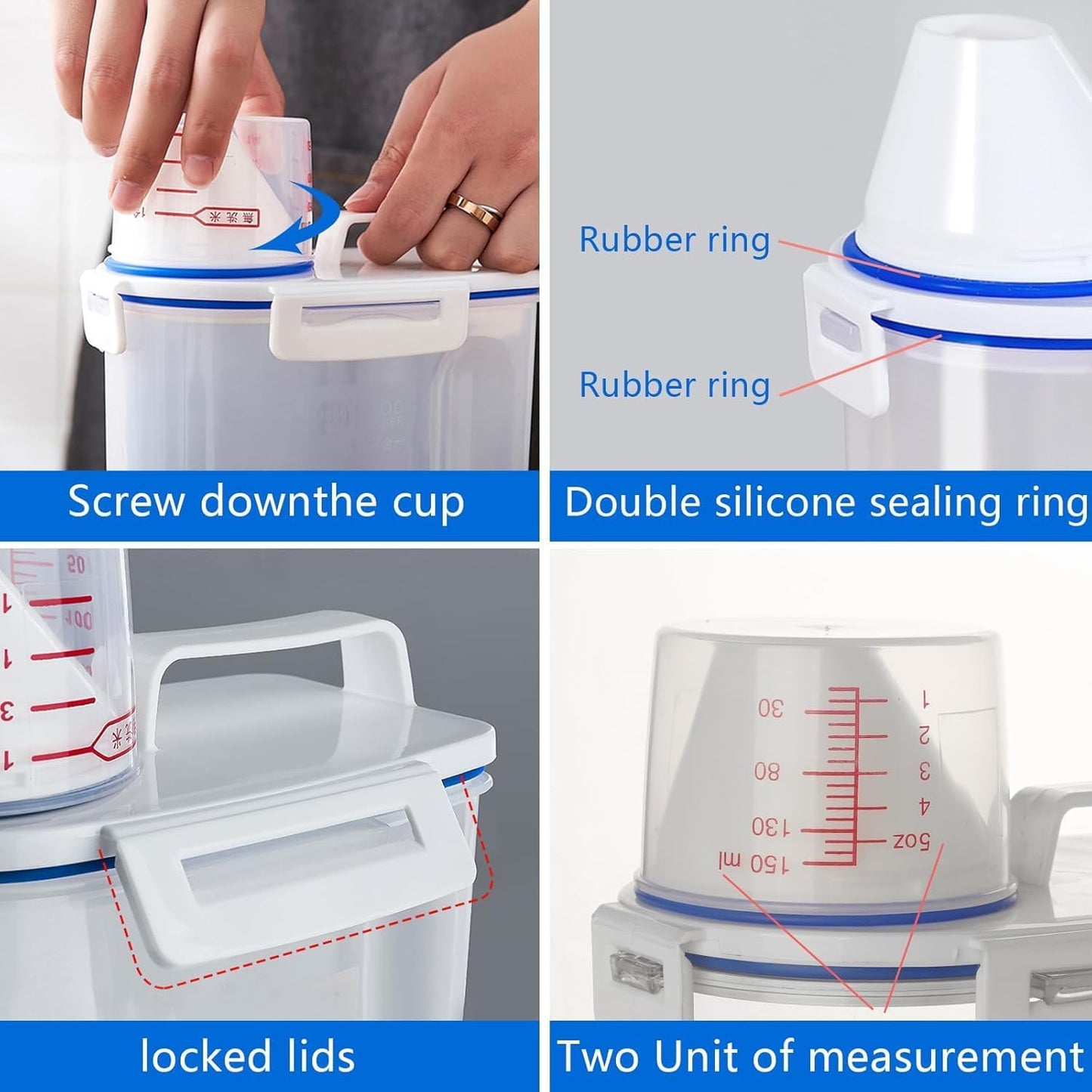4 sets 3-5 LB Rice Storage Bin Flour Cereal Containers Dispenser with BPA Free + Measuring Cup + Pour Spout - Perfect for Rice Flour Baking Supplies Pet Dog Food Storage