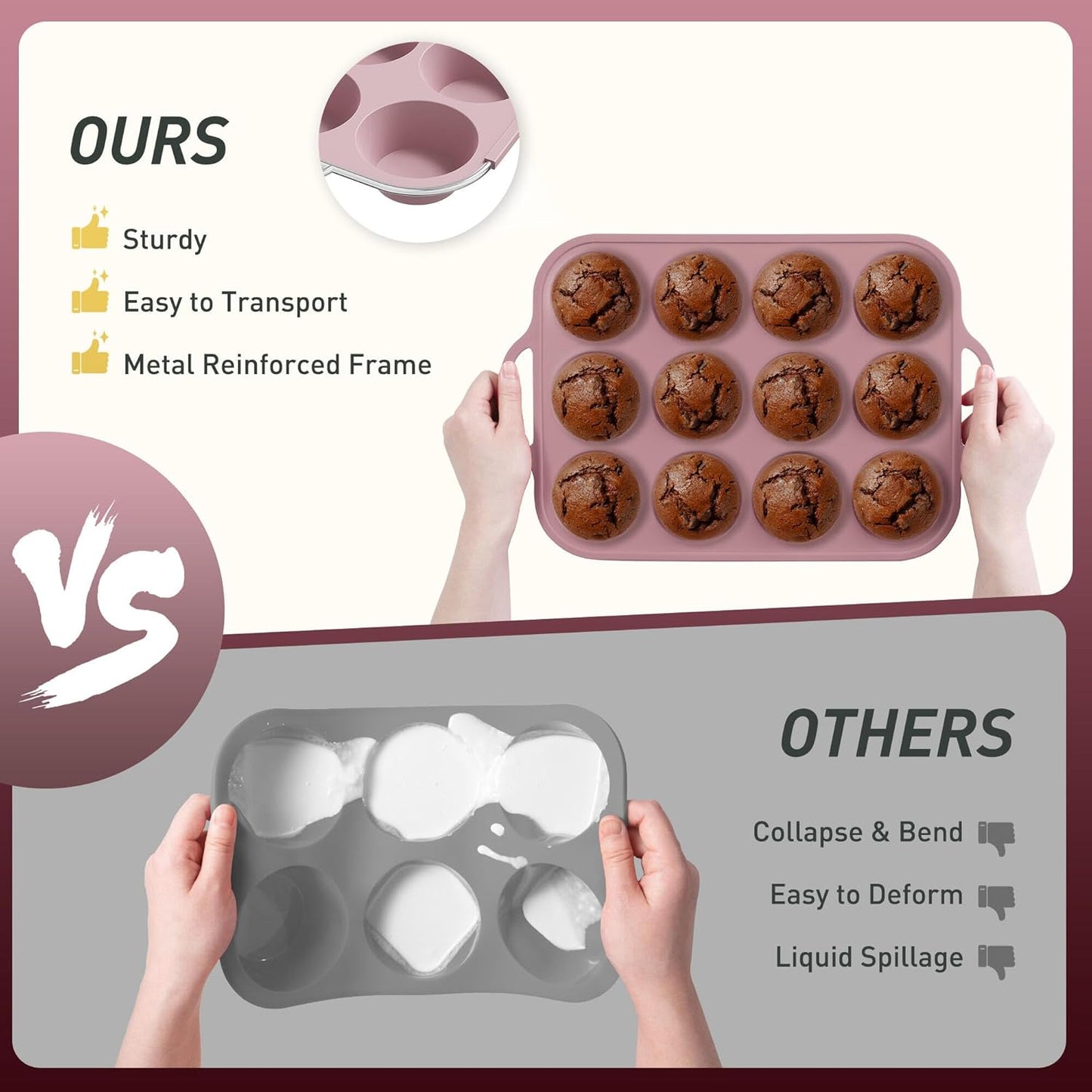 12 Cups Silicone Muffin Pan with Metal Reinforced Frame Regular Size Cupcake Pan Tray Egg Bites Silicone Cookie Molds Muffin Tin Best Baking Pans Tart Pan Sheet Set Reusable Cupcake Liners