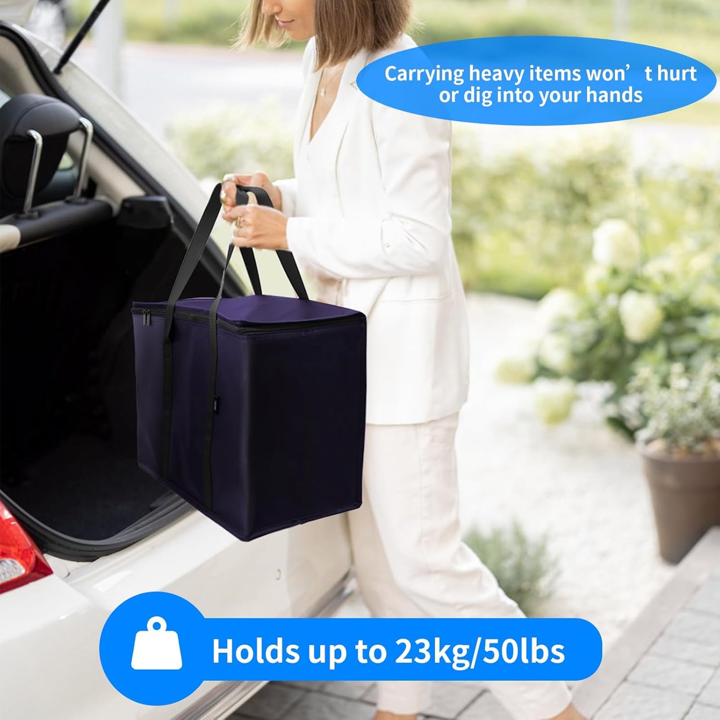 2-Pack Reusable Insulated Grocery Bags with Zippered Top, Heavy Duty Cooler Bags for Frozen Foods, Waterproof and Foldable Bag for Cold Storage & Travel– Dark Purple