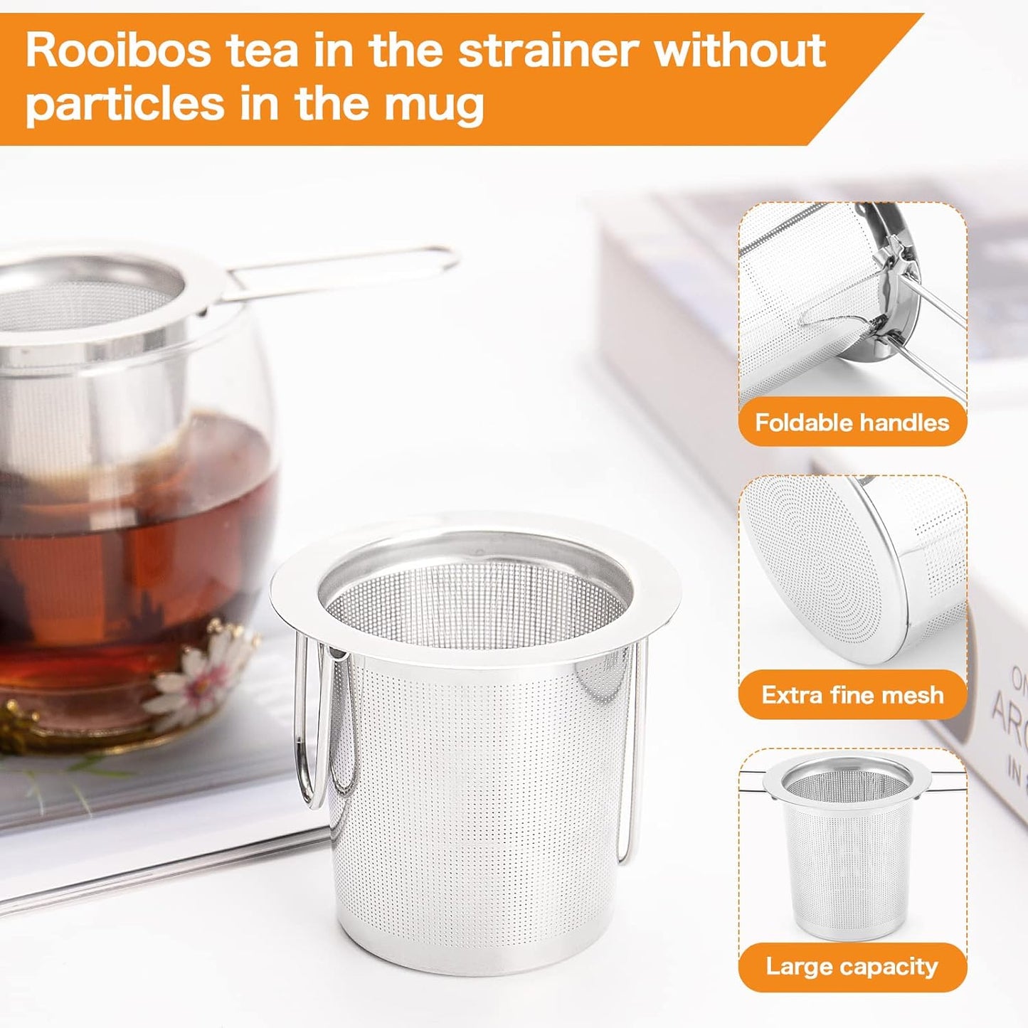 2Pack Tea Strainer, Stainless Steel Tea Infuser Basket Sitting in Mugs, Evmliy Tea Infusers for Loose Tea, Fine Mesh Tea Diffuser Long-Handled Tea Strainers Filters, Tea Steeper for Leaf (2Pack)
