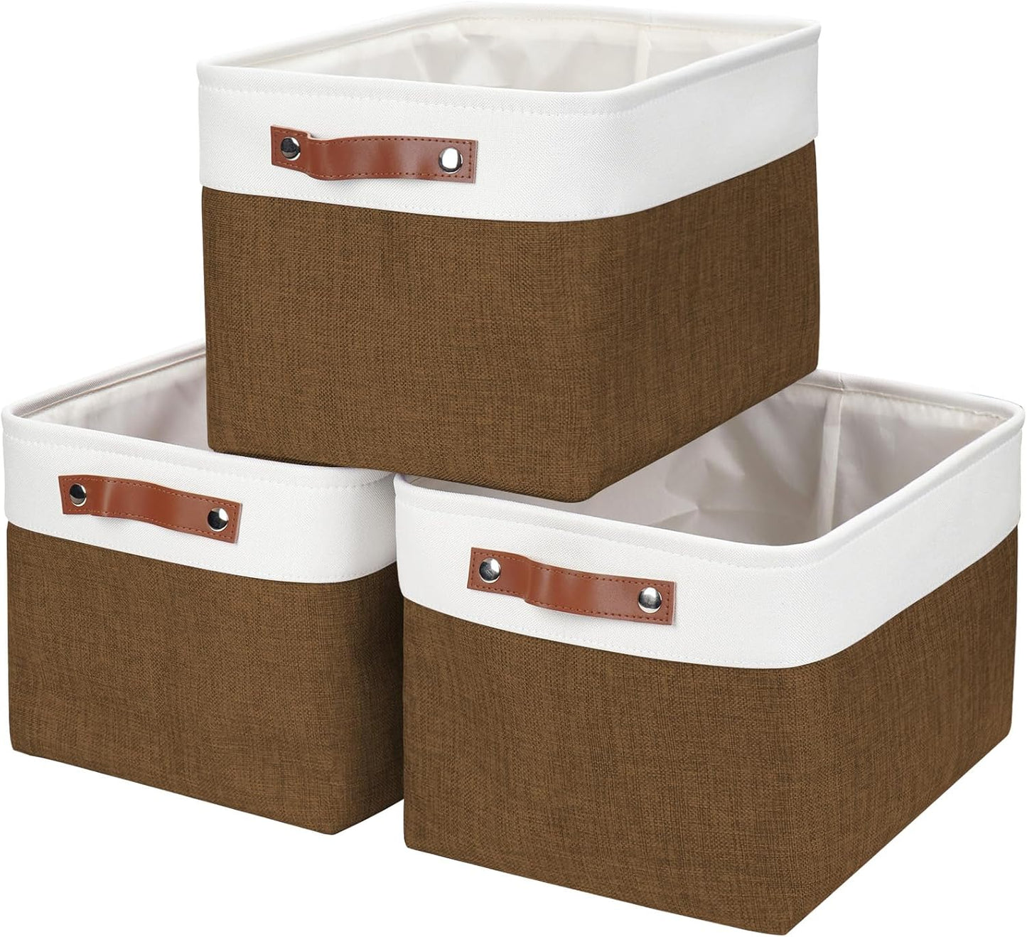 Storage Bins Large Fabric Storage Baskets for Shelves 3 Pack, Decorative Linen Closet Baskets with Handles for Organizing, Shelf, Clothes, Home, Office, 15x11x9.5Inches (Brown&White)