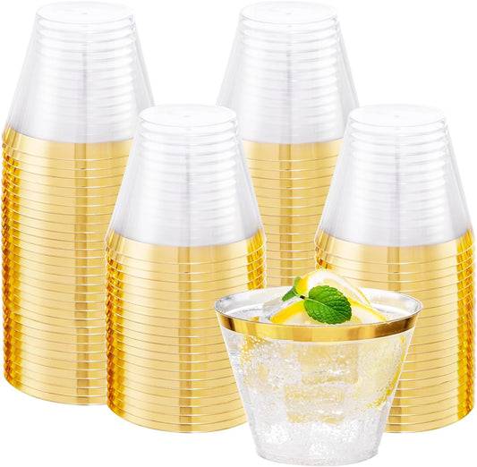 I00000 Heavy Duty Plastic Cups, 9 oz, Gold Rimmed, Clear, 100 Count, BPA Free, Disposable, for Party & Wedding