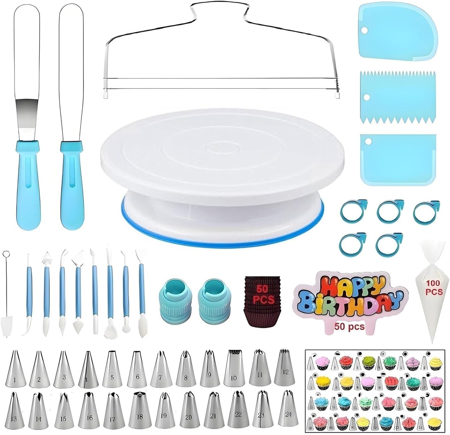 248 Pcs Cake Decorating Kit with Cake Turntable,Cake Leveler,24 Numbered Icing Piping Tips,2 Spatulas,3 Comb Scrapers,2 Couplers,5 Bag Ties,100 Pastry Bags,50 Cupcake Liners,50 Cake Flags