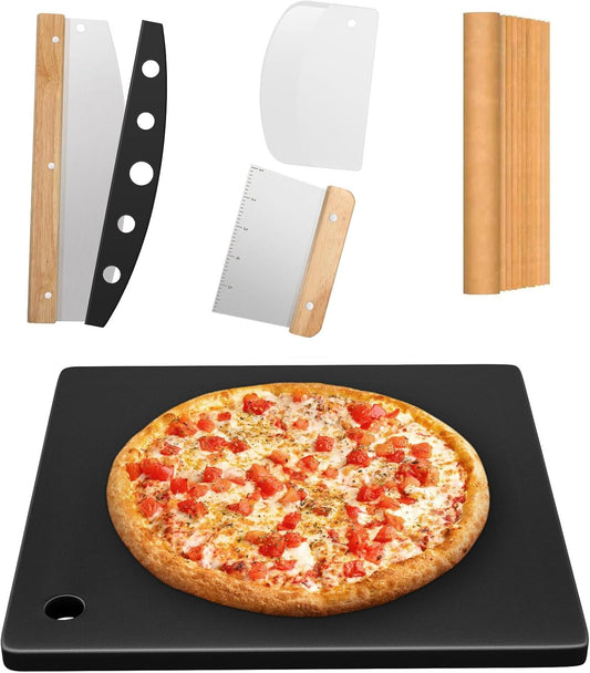 Hisencn Pizza Steel for Oven and Grill, 16 x16 inch Square Ceramic Pizza Steel 1/4" Thick, With Pizza Cutter Rocker, Measuring Scale Scraper, Plastic Cutter & 20 Cooking Papers