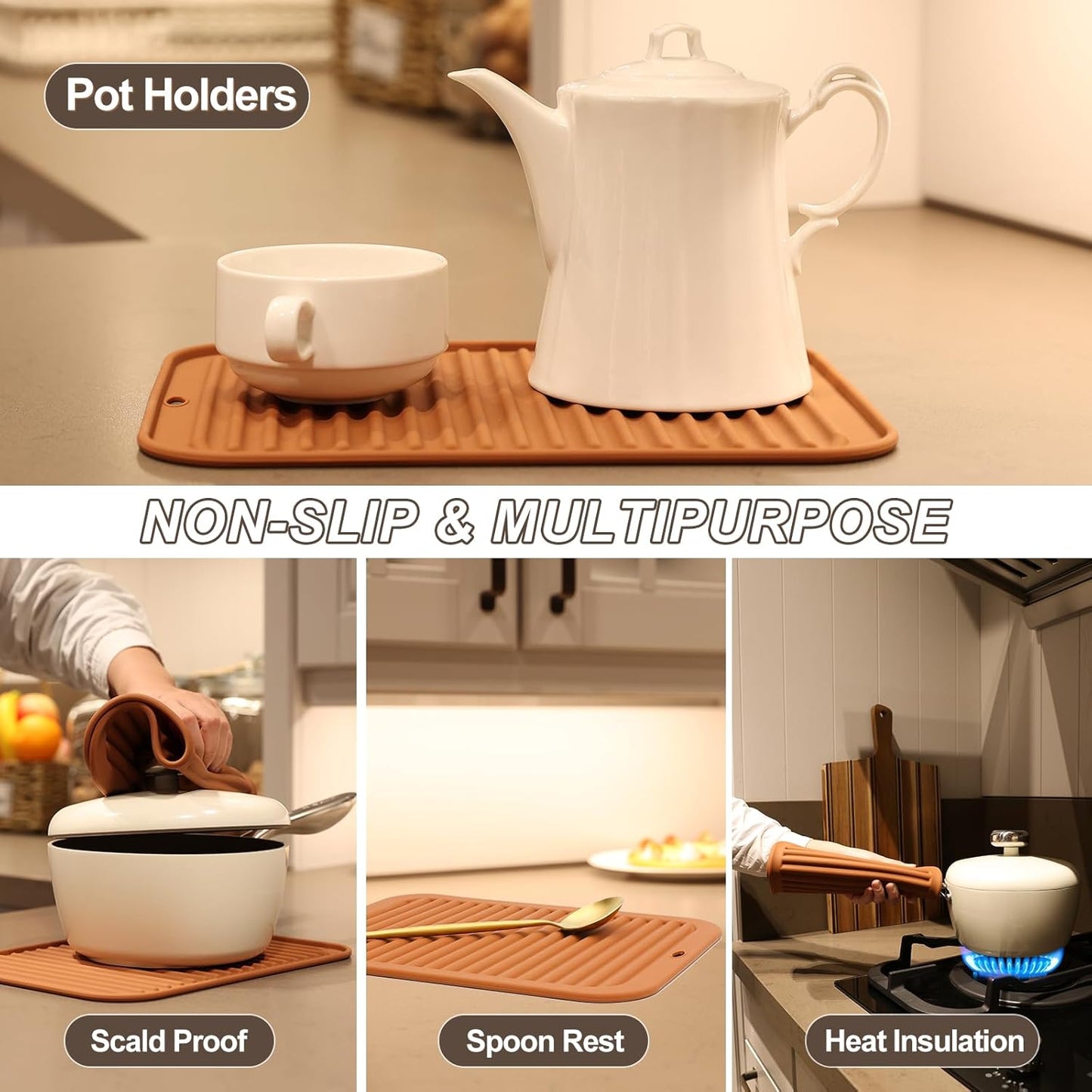 Joyhalo 4 Pack Silicone Trivets for Hot Pots and Pans,480℉ Heat Resistant Trivets for hot Dishes,Hot Pads for Countertop,Kitchen Potholders,Brown