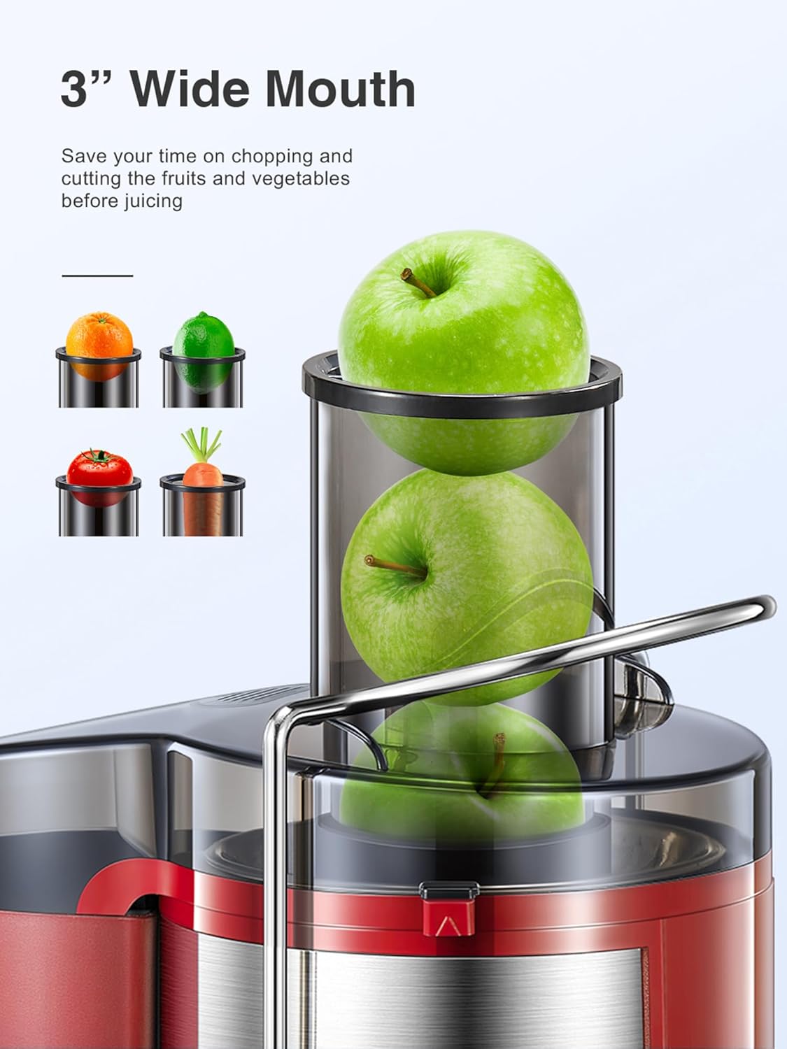 Juicer Machine, 800W Centrifugal Juicer Extractor with Wide Mouth 3” Feed Chute for Fruit Vegetable, Easy to Clean, Stainless Steel, BPA-free (Red)