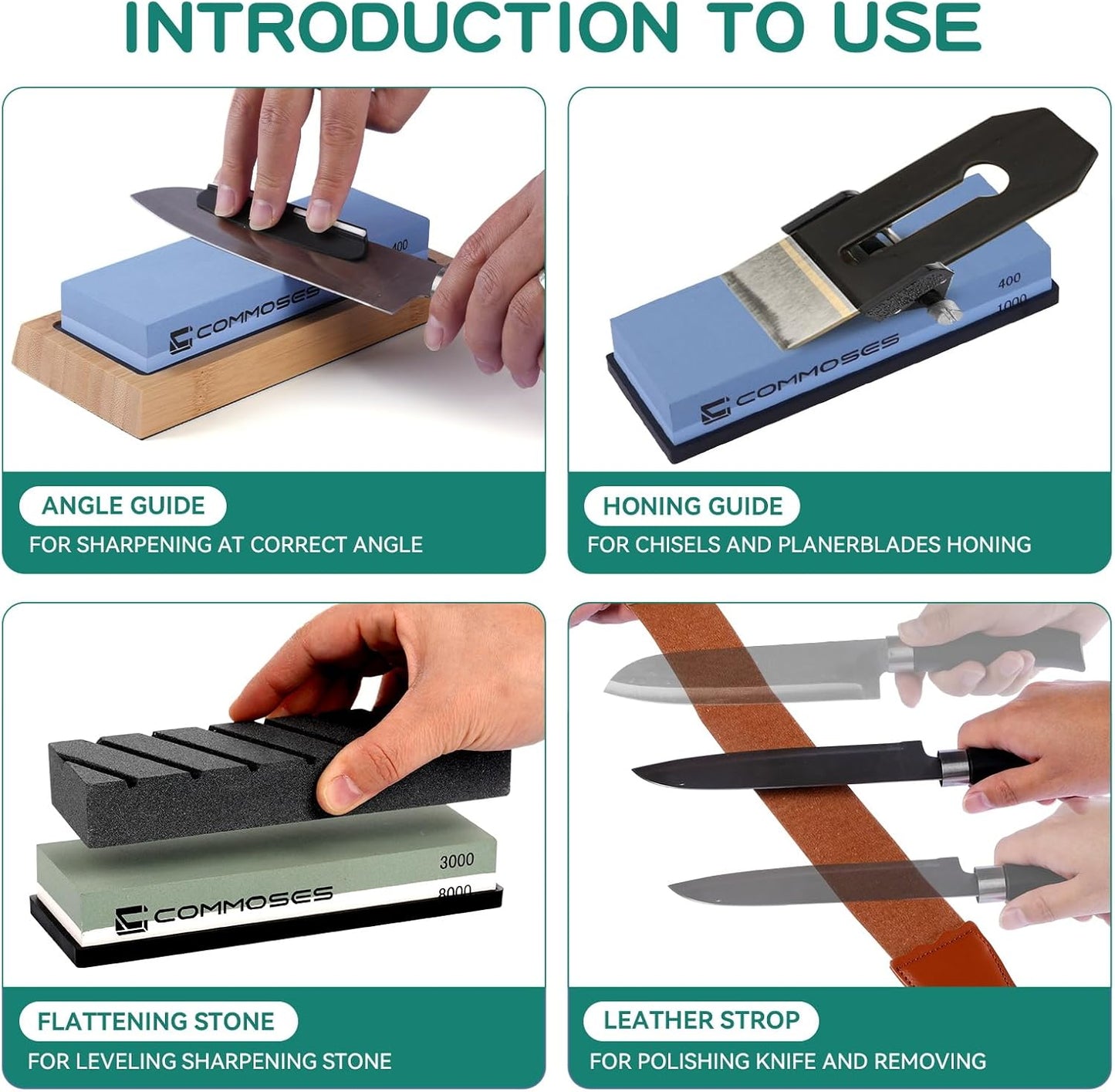 Whetstone Sharpening Stone Knife Sharpener Stone Set: 4 Side 8000|3000 1000|400 in Kitchen With Bamboo Base,Cut Resistant Gloves,Angle Guide,Honing Guide,Flattening Stone,Leather Strop,Rubber pad