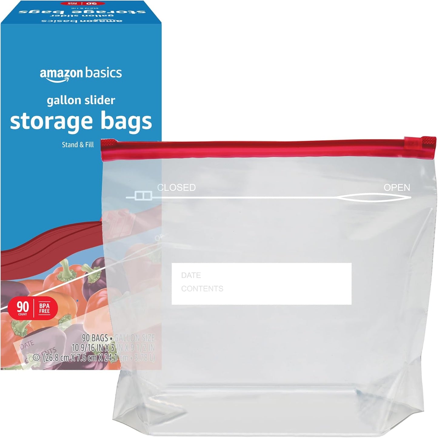 Amazon Basics Slider Gallon Food Storage Bags, Stand & Fill, 90 Count (Pack of 2)