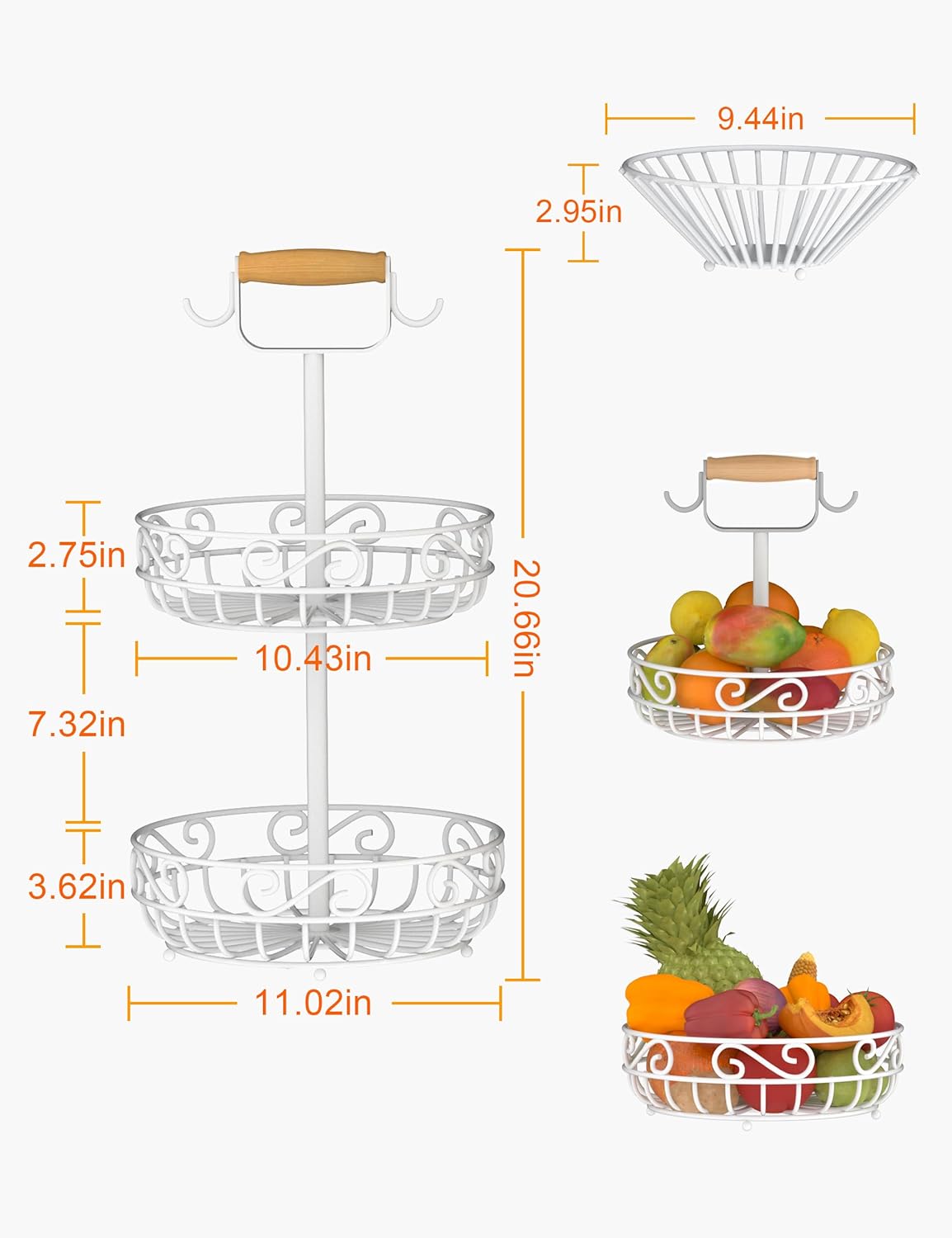 2-Tier 𝐅𝐫𝐮𝐢𝐭 𝐁𝐚𝐬𝐤𝐞𝐭 and Fruit Bowl - Fruit and Vegetable Storage with Banana Tree Hanger and Wood Handle, Fruit Basket for Kitchen Counter, for Bread Onions Potatoes Veggies Produce