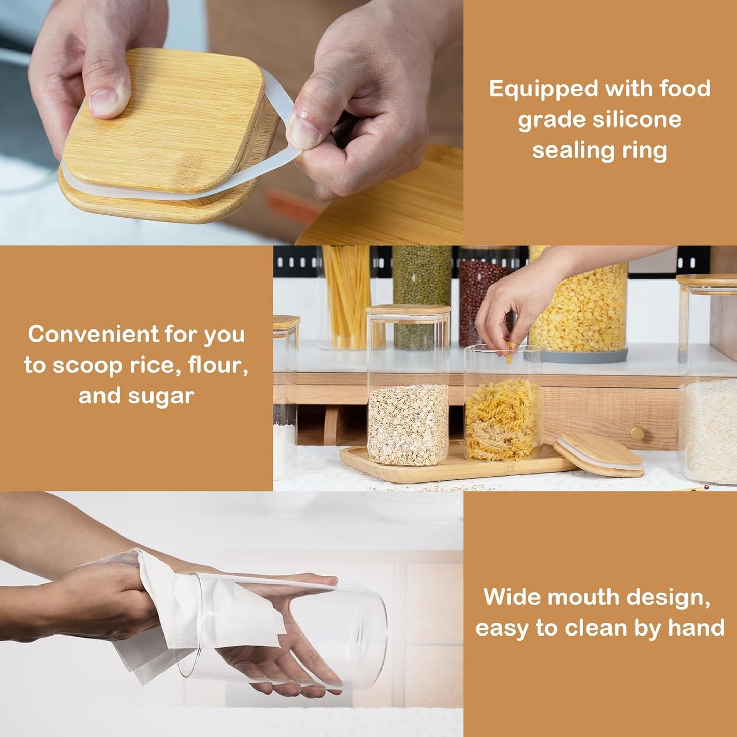 41oz Airtight Glass Square Storage Canister with Bamboo Lid Set of 4 (1200ml) Container Stackable Jar, Kitchen Canister for Pantry Noodles, Flour and Coffee beans (‎with Black Lable)