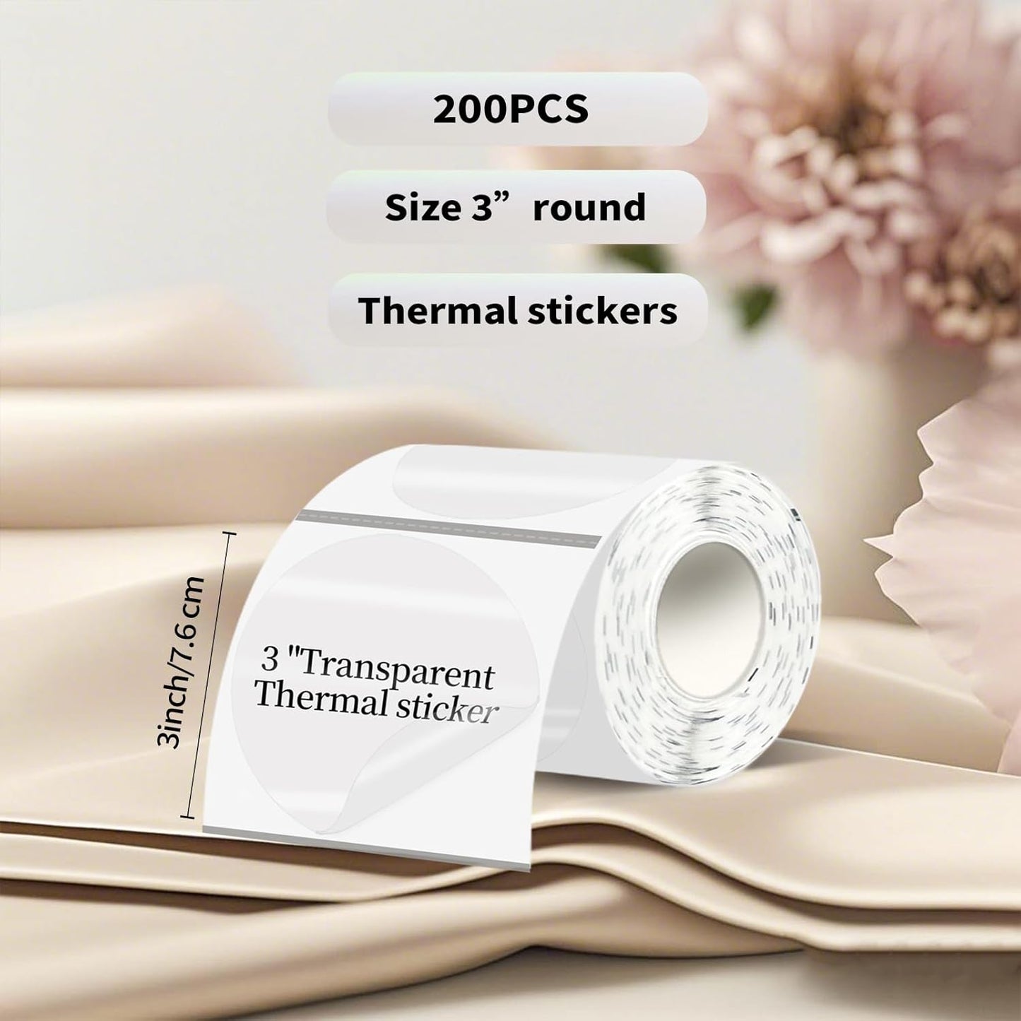 3''Transparent Thermal Label,Round Self-Adhesive Direct Thermal Label,Thermal Stickers for DIY Logo Design,Name Tag(200/Roll