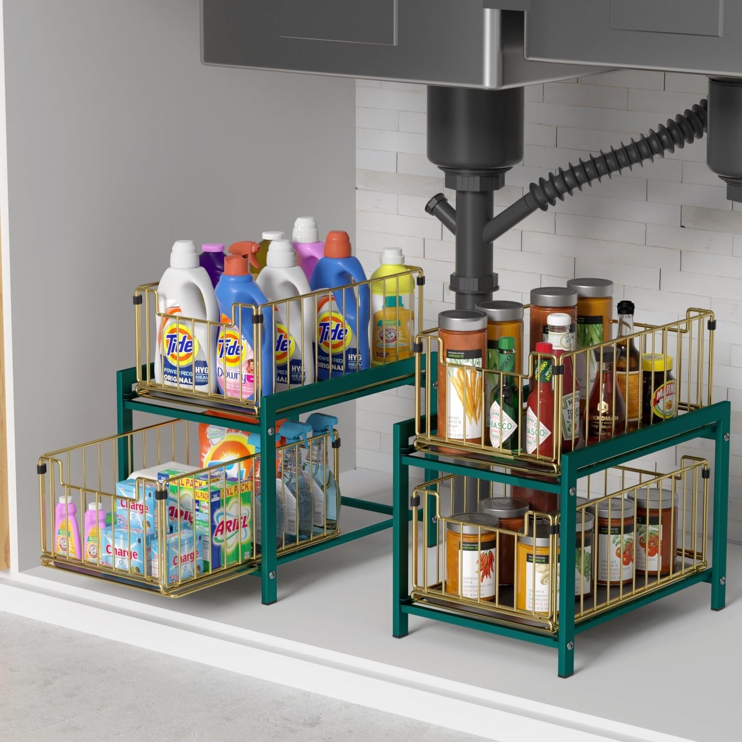 2 Tier Sliding Basket Drawer Organizer, Lxmons Pull Out Under Sink Cabinets Organizers, Metal Home Shelf for Bathroom or Kitchen, Sliding Countertop or Pantry Storage Shelf, Large Gold Green