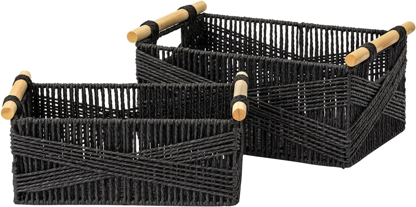 LA JOLIE MUSE Wicker Storage Baskets for Organizing, Recyclable Paper Rope Basket with Wood Handles, Decorative Hand Woven Basket Organizers for Makeup Books Shelves Living Room, Black, Set of 2
