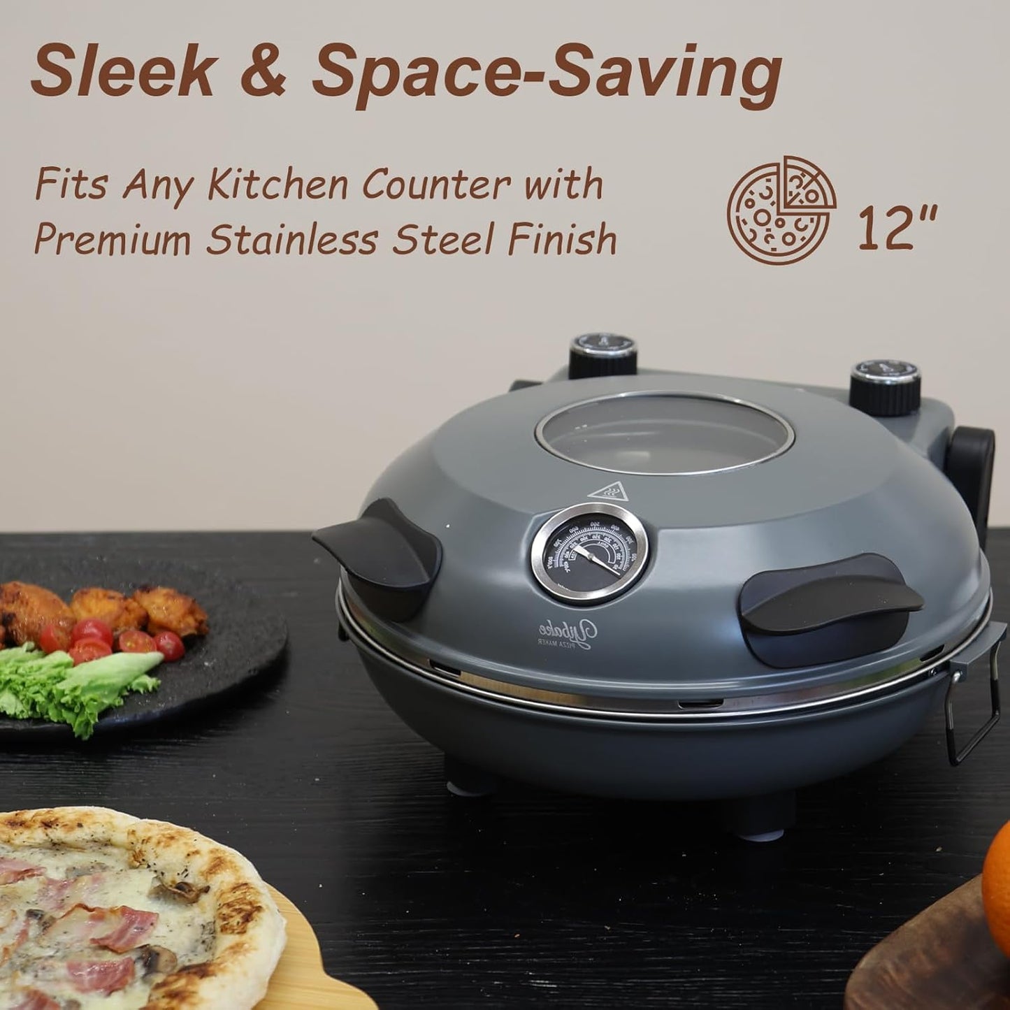 12" Electric Pizza Oven - Countertop Pizza Maker with Ceramic Stone, Heats up to 800°F, Portable Indoor Pizza Oven for Homemade Pizzas, Grey
