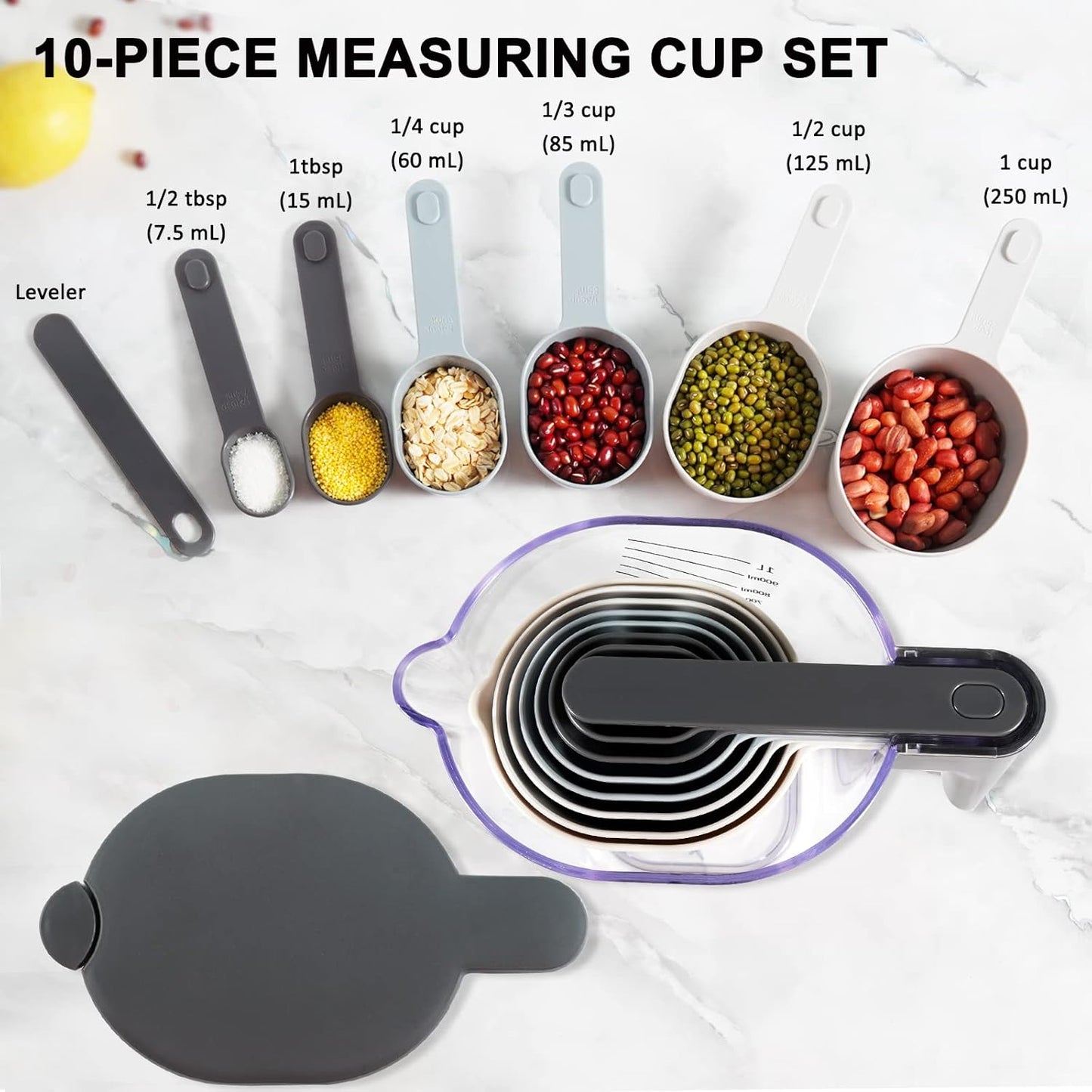 17 Piece Measuring Cups and Spoons Set, Stainless Steel Measuring Spoons Set and Stackable Measuring Cup with Lid for Liquid and Dry Ingredients, Cooking Baking Gadgets