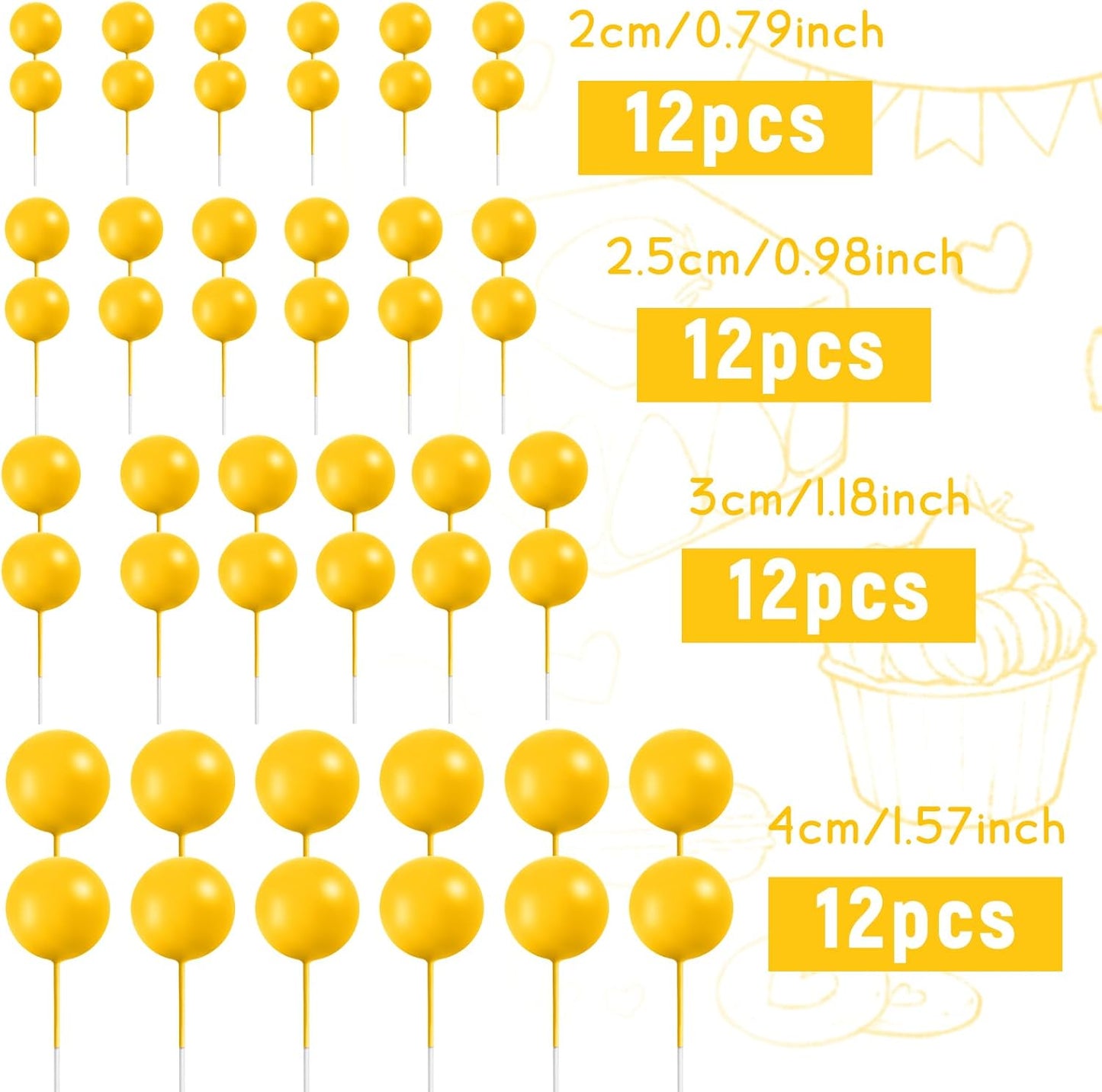 48 Pcs Yellow Cake Topper Decorations - Balloon Cupcake Toppers Foam Cake Balls for Birthday Party, Wedding Anniversary Cake Decorating
