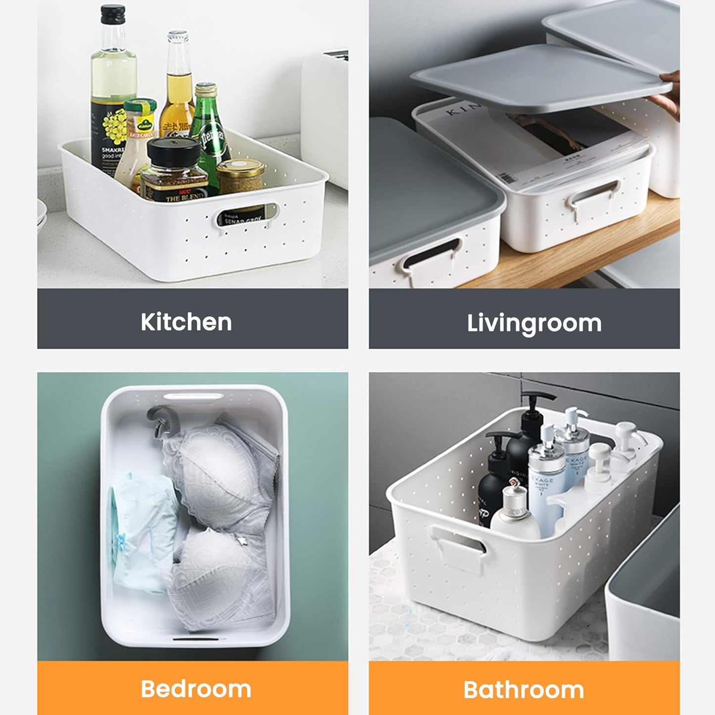 vacane Large White Storage Baskets with Snap Lid, Extremely Durable, Storage Baskets for Organizing Stackable Storage Box with Handle for Playroom Classroom Closet Office, 14 x 10 x 8 inch