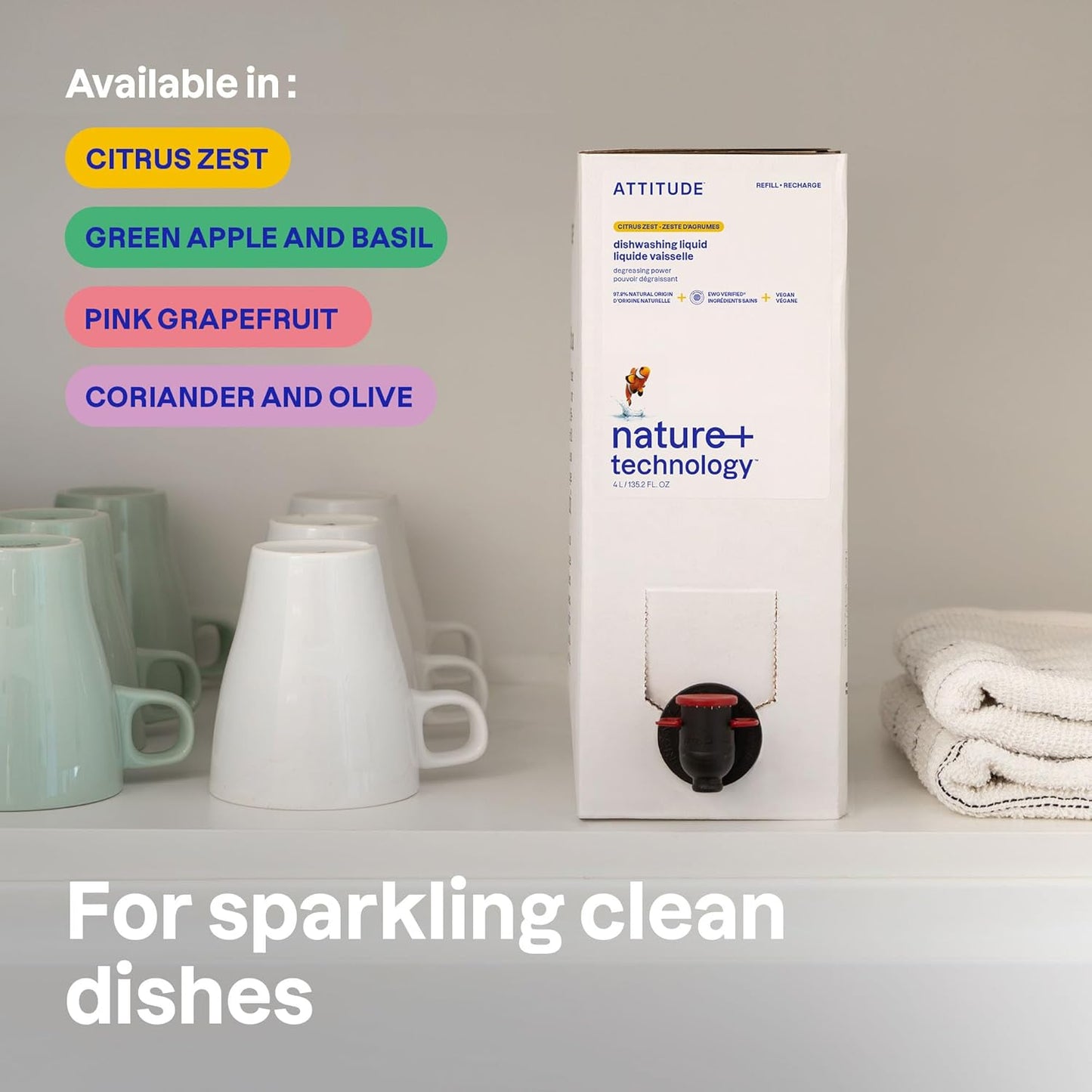 ATTITUDE Dish Soap Refill, EWG Verified, Plant-Based & Vegan Dishwashing Liquid, Naturally Derived, Green Apple & Basil Scent, 135.3 Fl Oz