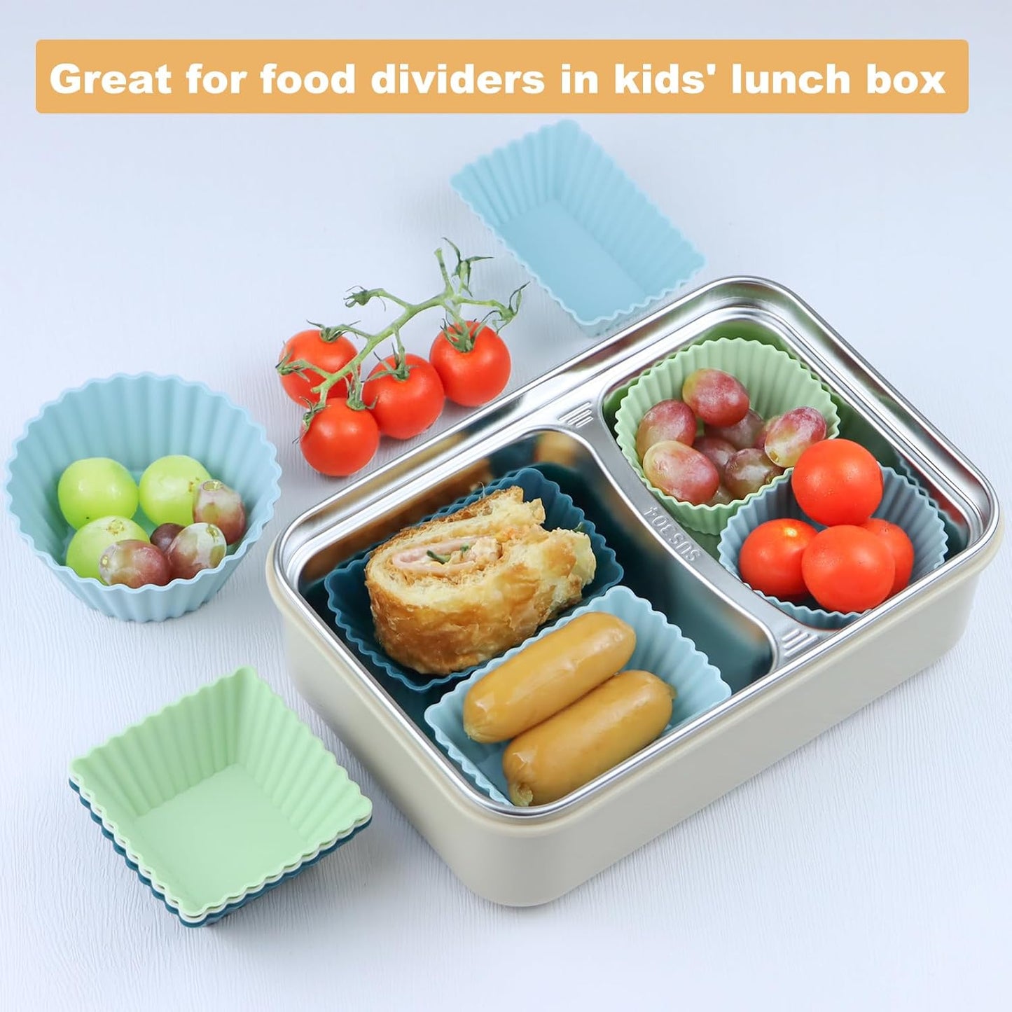 24Pack Silicone Muffin Cups, Reusable Cupcake Liners Molds for Baking, 3 Shapes Lunch Box Bento Dividers-Round, Square, and Rectangular (Neutral Colors, Regular Size)