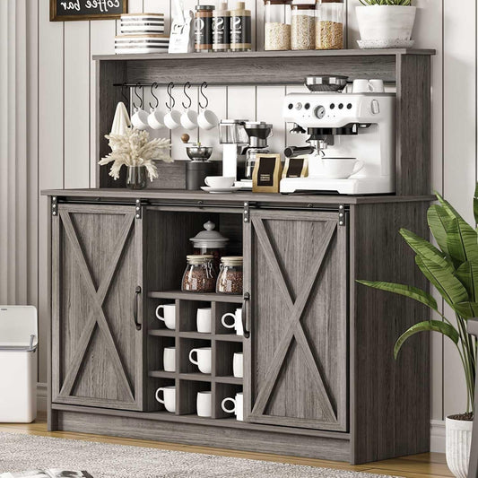 4ever2buy Farmhouse Coffee Bar Cabinet with Hutch and 6 Hooks, 47 Inch Wine Bar with Storage, Buffet Cabinet with Adjustable Shelves&9 Wine Racks, Kitchen Buffet Cabinet for Dining Living Room, Grey