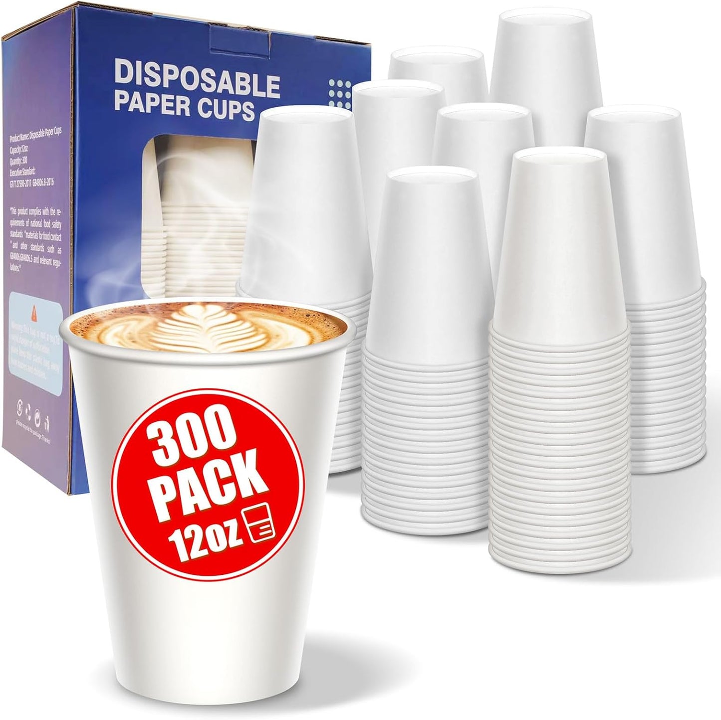 12 oz Paper Cups Disposable 300 Count - Bulk White Coffee Cups for Hot & Cold Beverages, Party Supplies | Leakproof, Recyclable Paper Cups