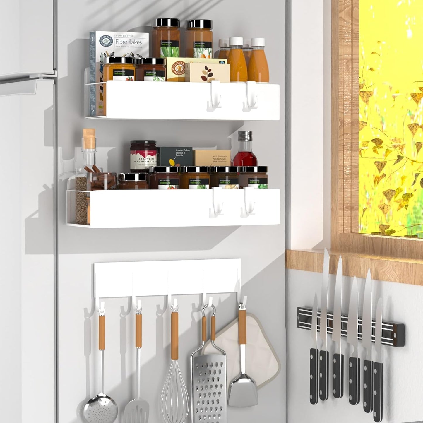 4 Pack Magnetic Spice Rack for Refrigerator,Metal Magnetic Shelf White with Hook,Magnetic Knife Rack,4 Hooks,Space Saving for Home,Kitchen