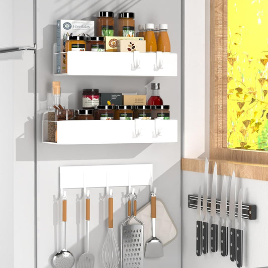 4 Pack Magnetic Spice Rack for Refrigerator,Metal Magnetic Shelf White with Hook,Magnetic Knife Rack,4 Hooks,Space Saving for Home,Kitchen