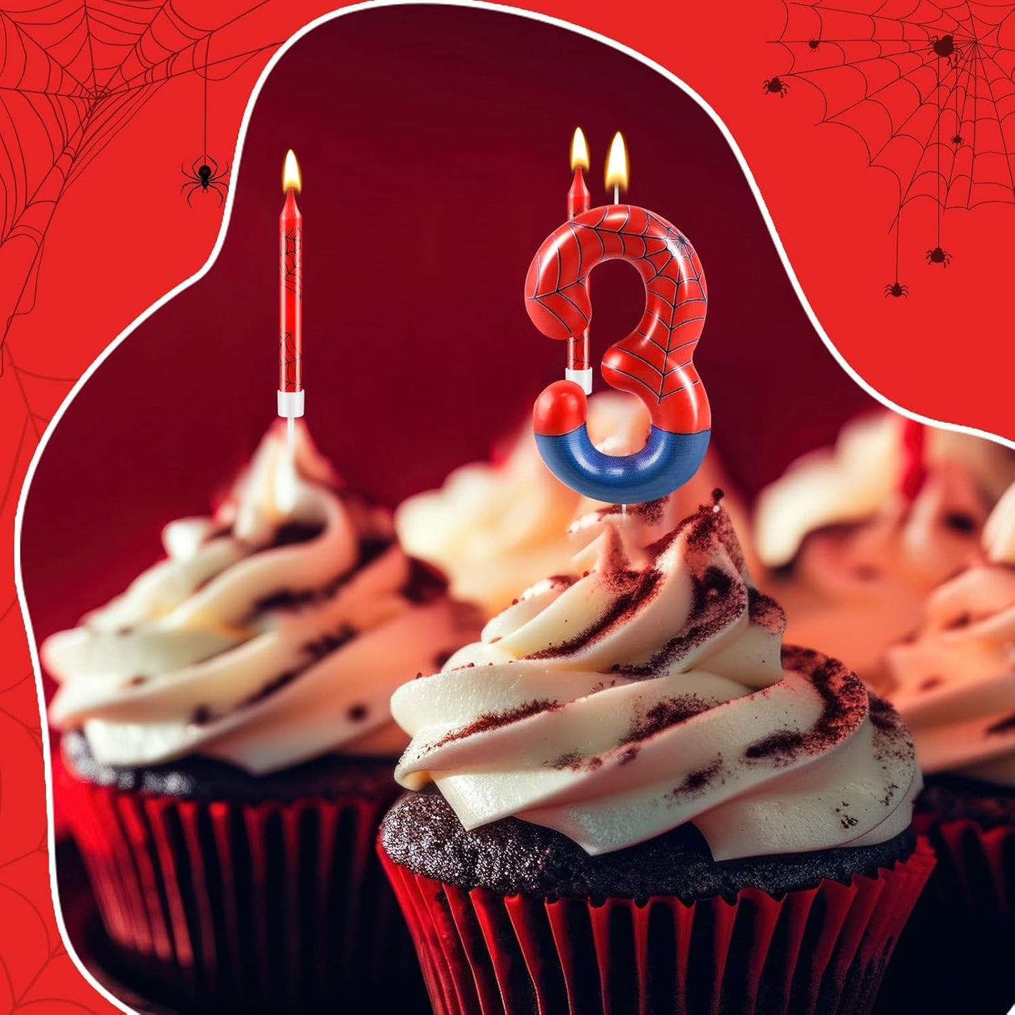 13 Pcs Spider Themed Birthday Candle Set Red Spider Theme Number 3 Candle Cake Topper for Boys Girls Birthday Decoration Spider Party Decoration Supplies (Number 3)