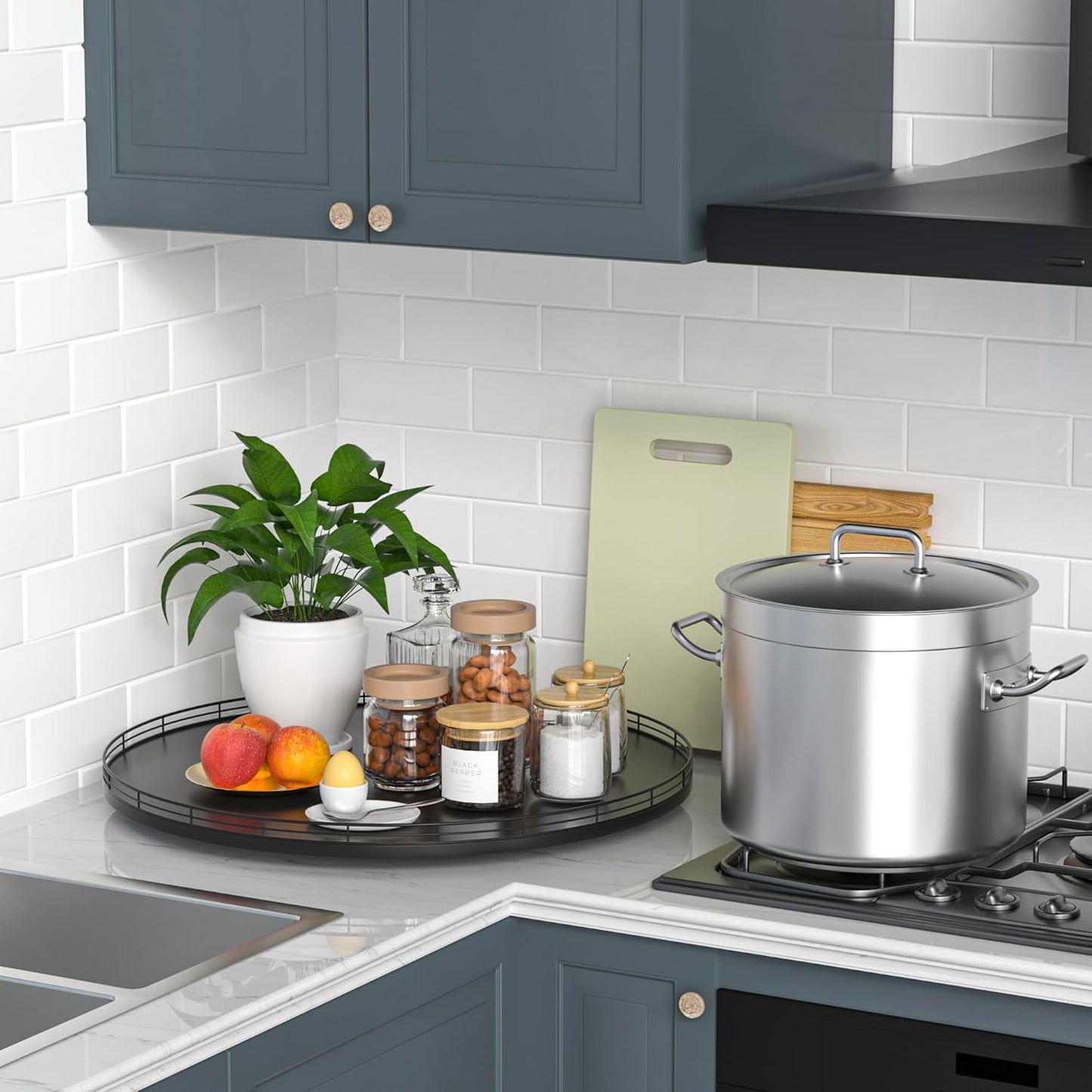 18" Oak Wooden Lazy Susan Turntable for Dining Table, Large Round Lazy Susans Organizer for Kitchen Countertop, Tabletop 360°Rotating Tray for Spice Organization and Storage Black Home Decor