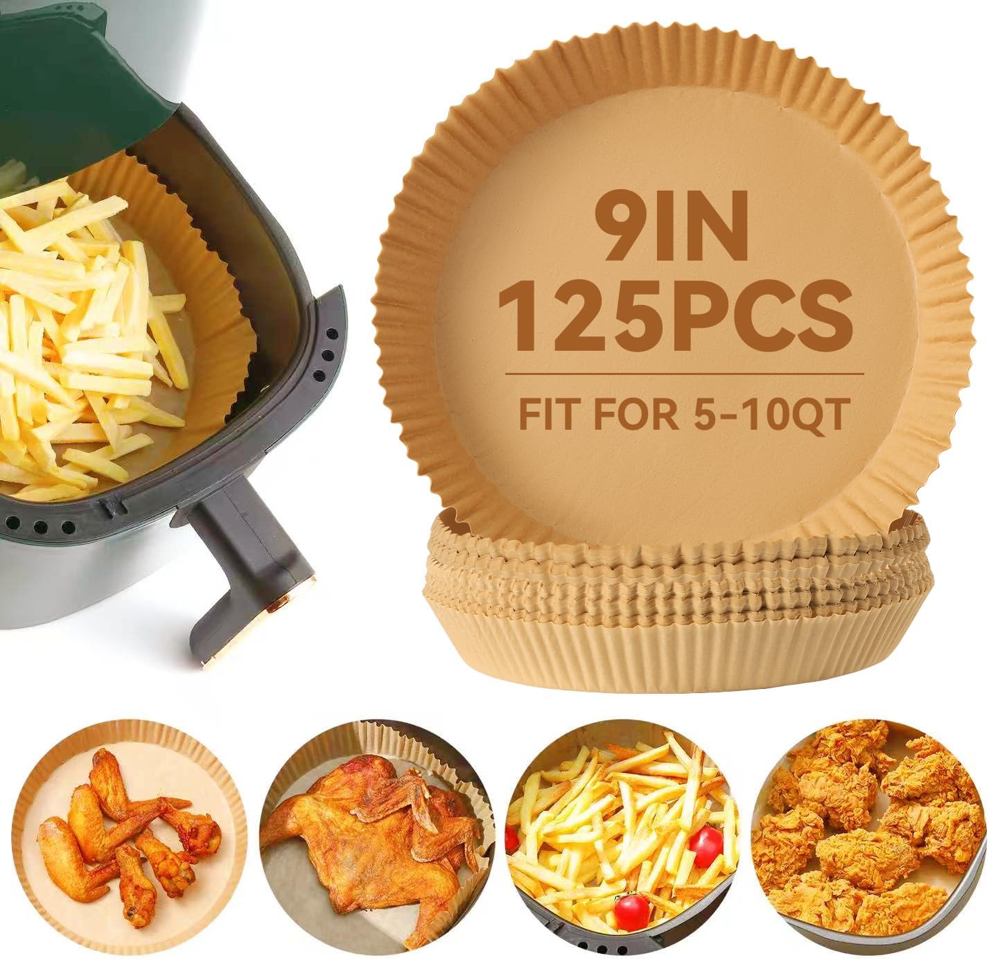 125Pcs 9 inch Round Disposable Air Fryer Parchment Liners-Non-Stick Parchment Sheets for Air Fryer Basket Microwave – Oil-proof, Water-proof, Effortless Cleanup for Baking