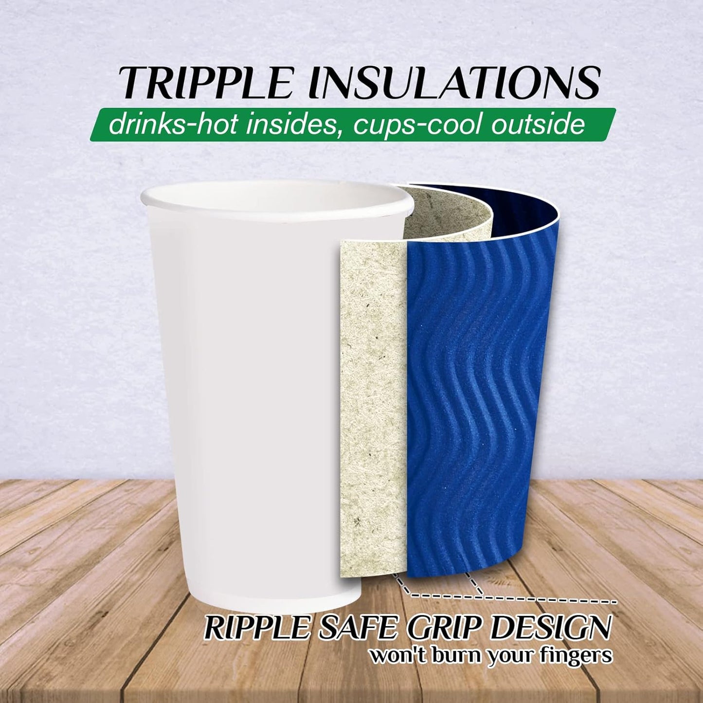 JollyPack Paper Coffee Cups, 16 oz, Blue, 60 Pack, Heat Resistant, Disposable, Ripple Wall, for Coffee, Tea, Hot Chocolate