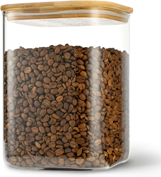 122oz Airtight Glass Square Storage Canister with Bamboo Lid Set of 1 (3600ml) Gallon Glass Jars Large Kitchen Canister for Sugar, Flour, Cookies and Coffee beans (‎with Black Lable)