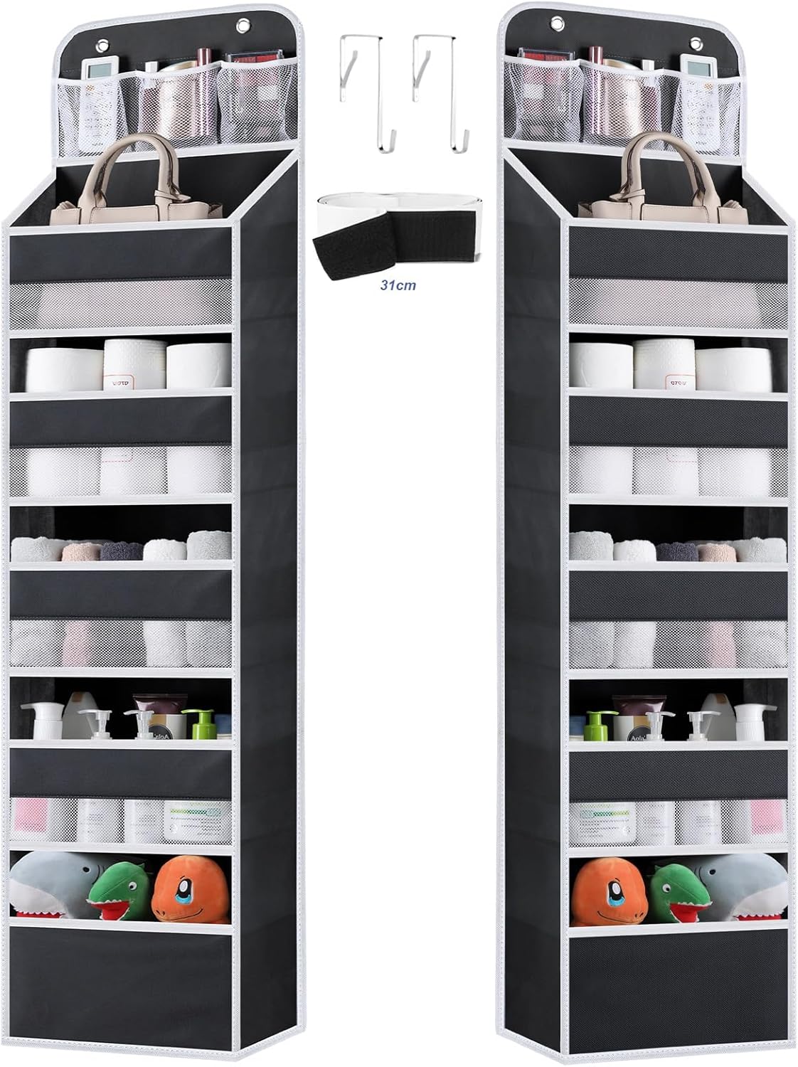Over the Door Organizer Storage - 6 Tier Hanging Storage shelves Door Organizer with Pockets, Anti Tilt 44 lb Load Behind Door Organizer for Bedroom,Nursery,Bathroom,Kitchen,Dorm,Shoe - 1 Pack, Black