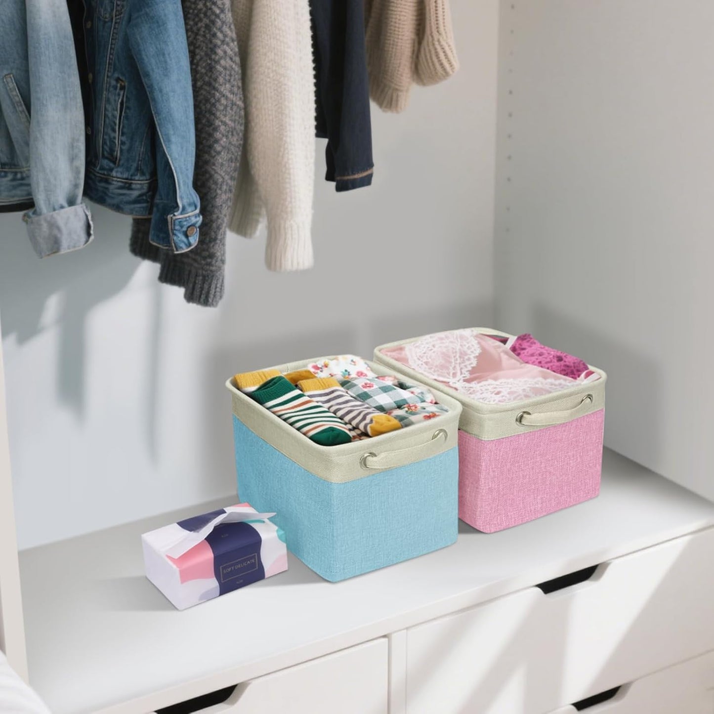 BALEINE 3 Pack Fabric Storage Bins for Shelves, Linen Storage Baskets for Organizing, Decorative Closet Bins for Clothes, Home (Grey, 12"x8"x8")