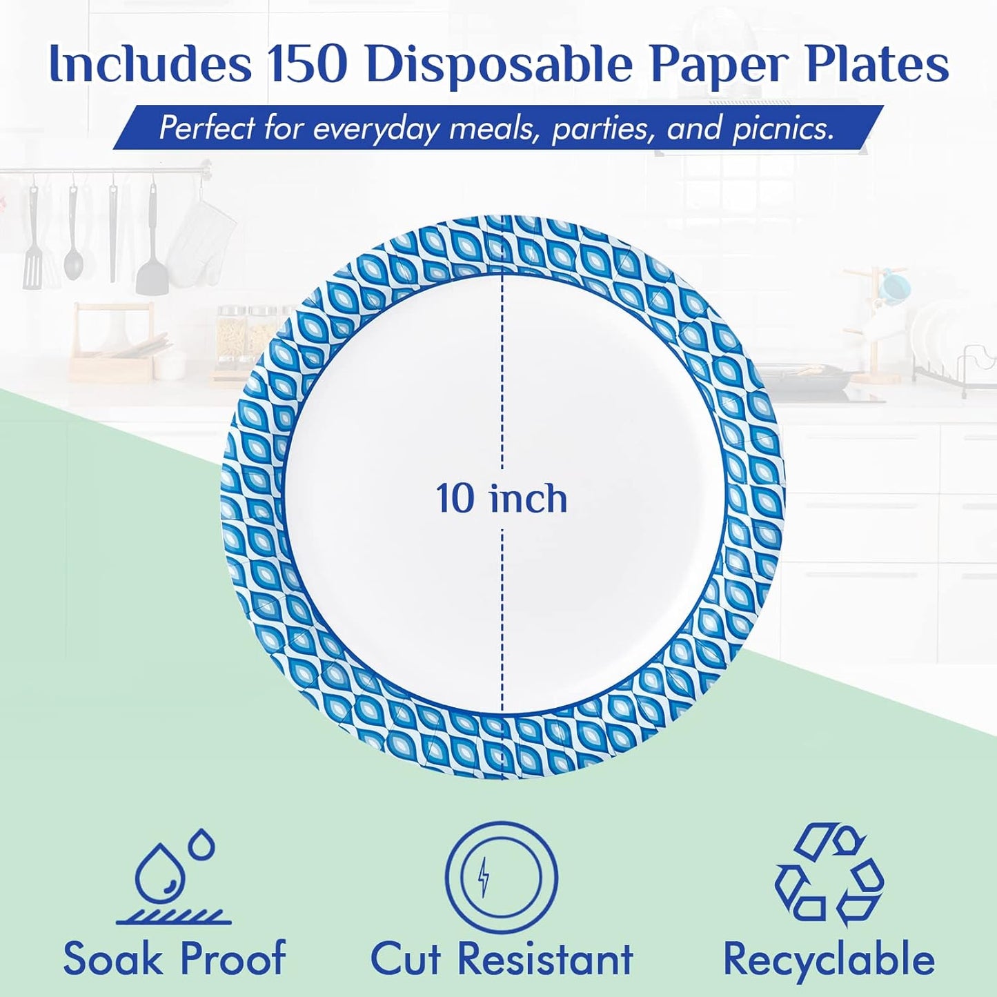 MUCHII Paper Plates 10 Inch, 150 Count Soak and Cut Proof, Blue Large Disposable Plates Bulk for Daily Use, Parties