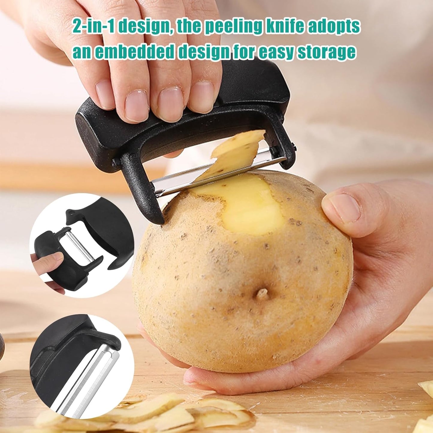 4 Piece Kitchen Spiral And V-Shaped Tools, vegetable peeler,crinkle cutter knife, Multifunctional Kitchen Set, Stainless Steel Manual Kitchen Tools for Creative Food Decoration(black）