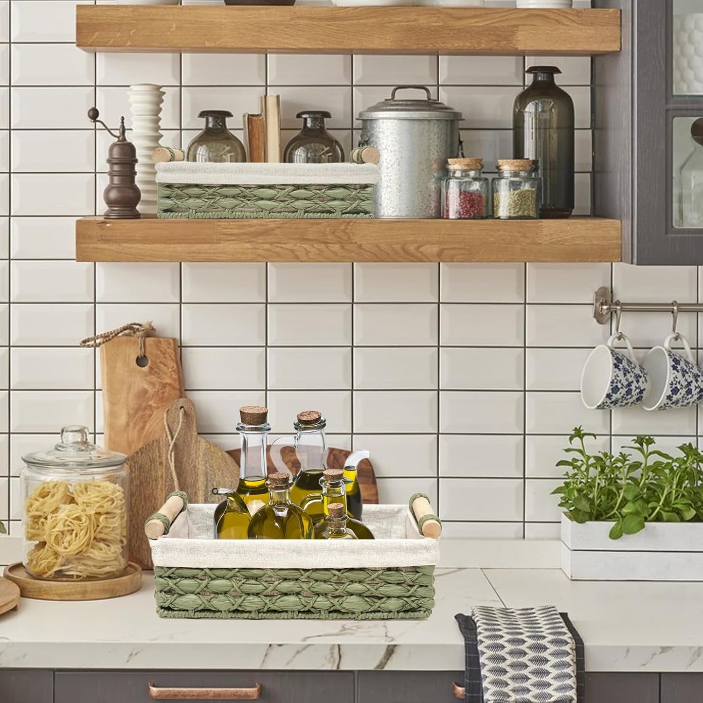 Storage Basket Wicker Baskets for Organizing with Handle Decorative Storage Bins for Countertop Toilet Paper Storage Basket for Toilet Tank Top Small Baskets Set (Set of 2,Green)