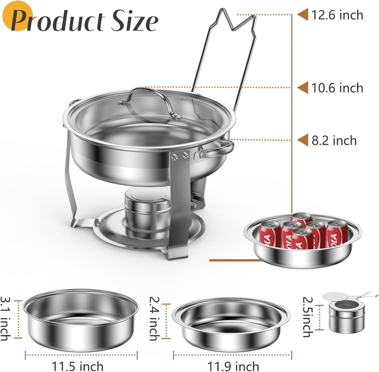 4 Packs 3 QT Round Chafing Dish Buffet Set, Stainless Steel Chafing Dishes with Glass Lid & Holder, Food Warmer for Parties Weddings Banquets Events