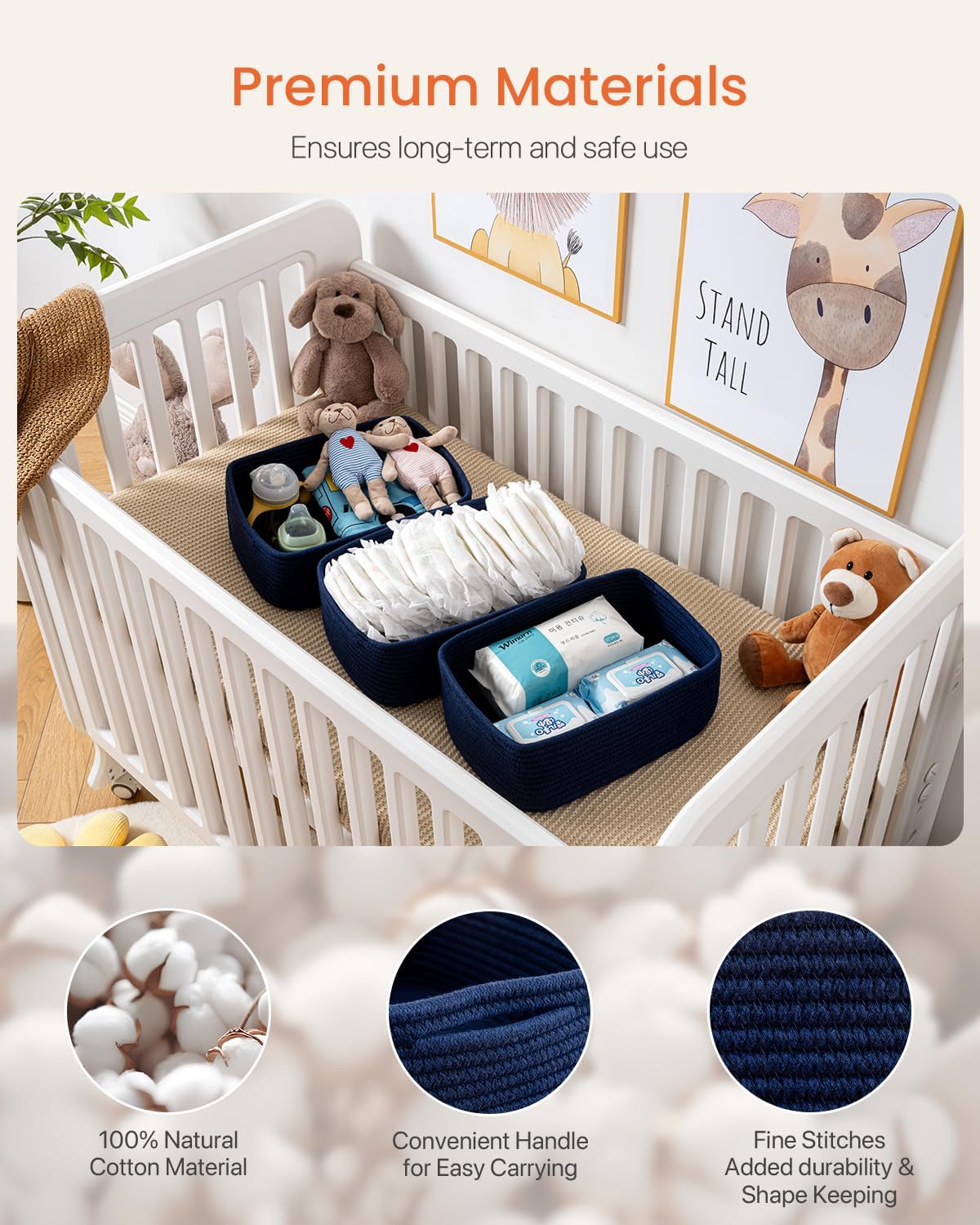 Small Woven Basket, 13.5 x 9.5 x 5 Inches, Storage Basket for Organizing, Cute Small Rope Shelf Closet Cube Storage Bins Baskets for Shelves, Dog Toy Gift Baskets Empty, 3 Packs, Navy Blue