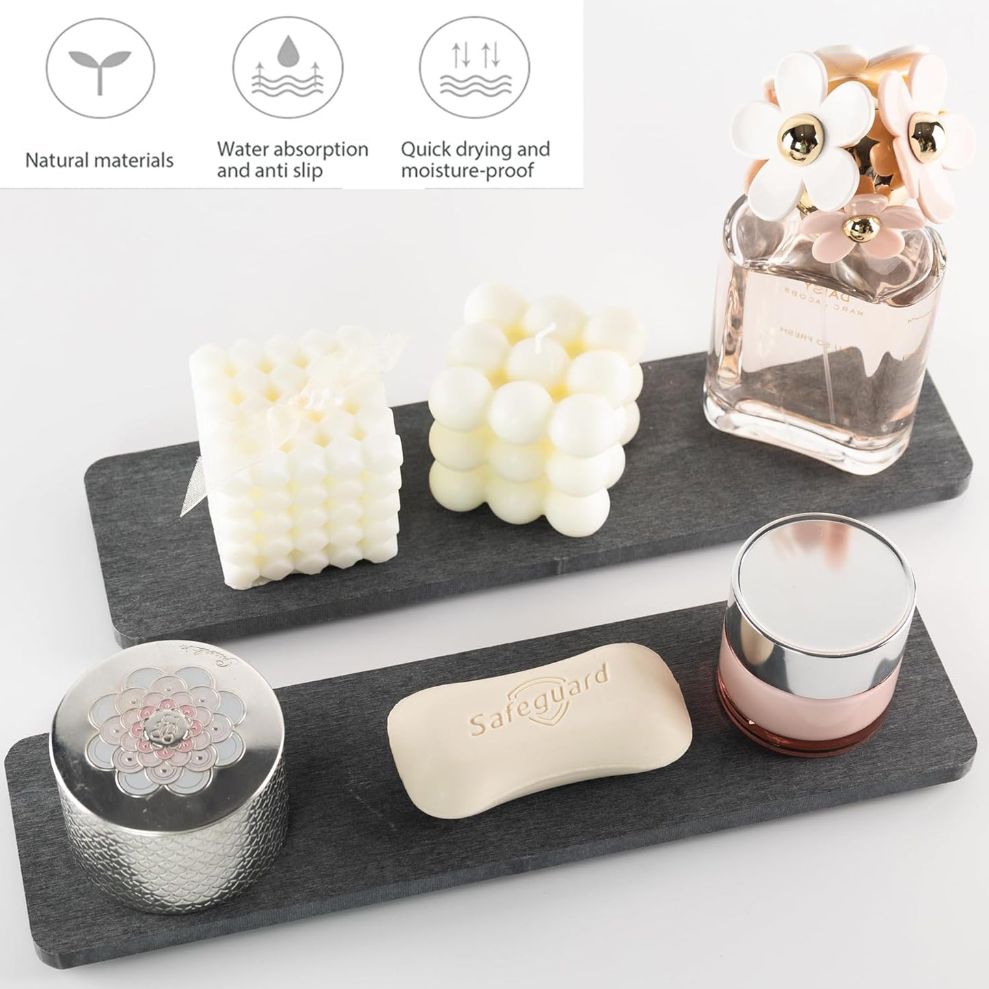 2 Pcs Water Absorbing Stone Trays, Kitchen/Bathroom Sink Soap Dish, Diatomite Tray Used for Hand Soap & Cosmetic Bottles in The Modern Home, 3.15" W x 11.8" L, Dark Gray