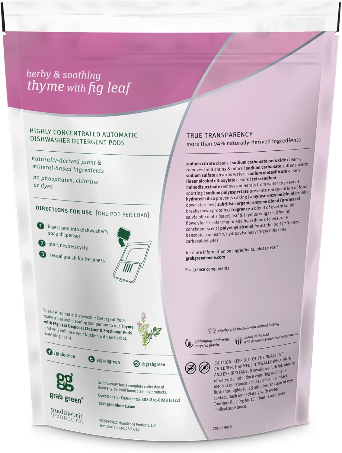 Grab Green Automatic Dishwashing Detergent Pods, 24 Count, Thyme Fig Leaf Scent, Plant and Mineral Based, Superior Cleaning, Powerful Grease Removal,