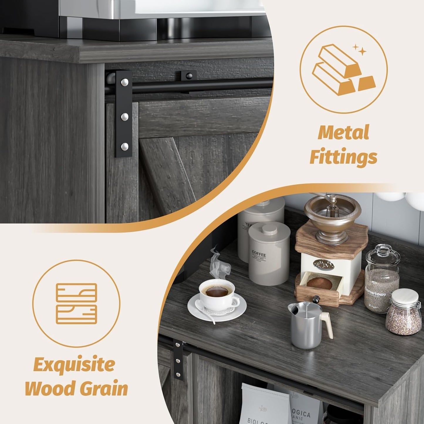 4ever2buy Farmhouse Coffee Bar with Hutch, 31 Inch Buffet Cabinet with Sliding Barn Door, Storage Bar Cabinet with 6 Hooks, Coffee Bar Table with Adjustable Shelves for Living Dining Room, Grey