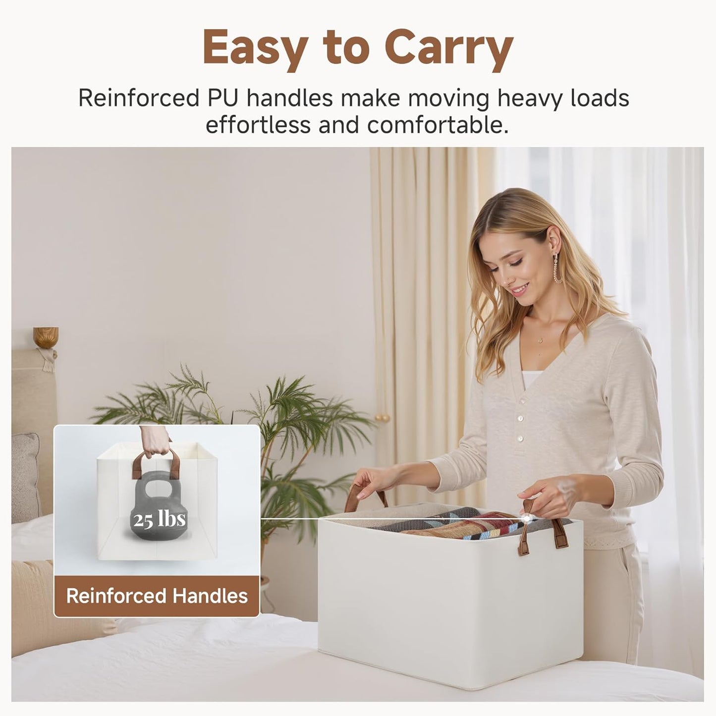 StorageWorks Storage Bins, Fabric Storage Bins for Shelves, Large Storage Baskets with Metal Frame, Closet Baskets and Bins with Handles, Beige, 2-Pack