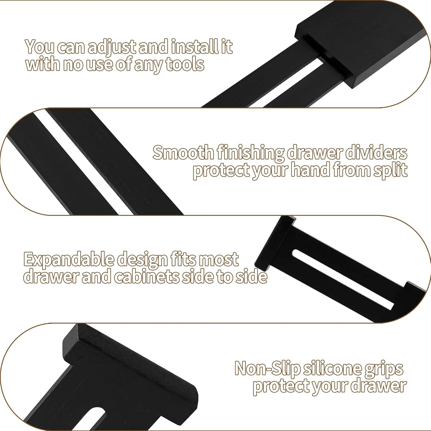 Utoplike 4 pcs Bamboo Kitchen Drawer Dividers Large, Adjustable Black Drawer Organizers, Spring Loaded, Works in Kitchen, Dresser, Bathroom, Bedroom, Drawer, Desk, 2.4" H