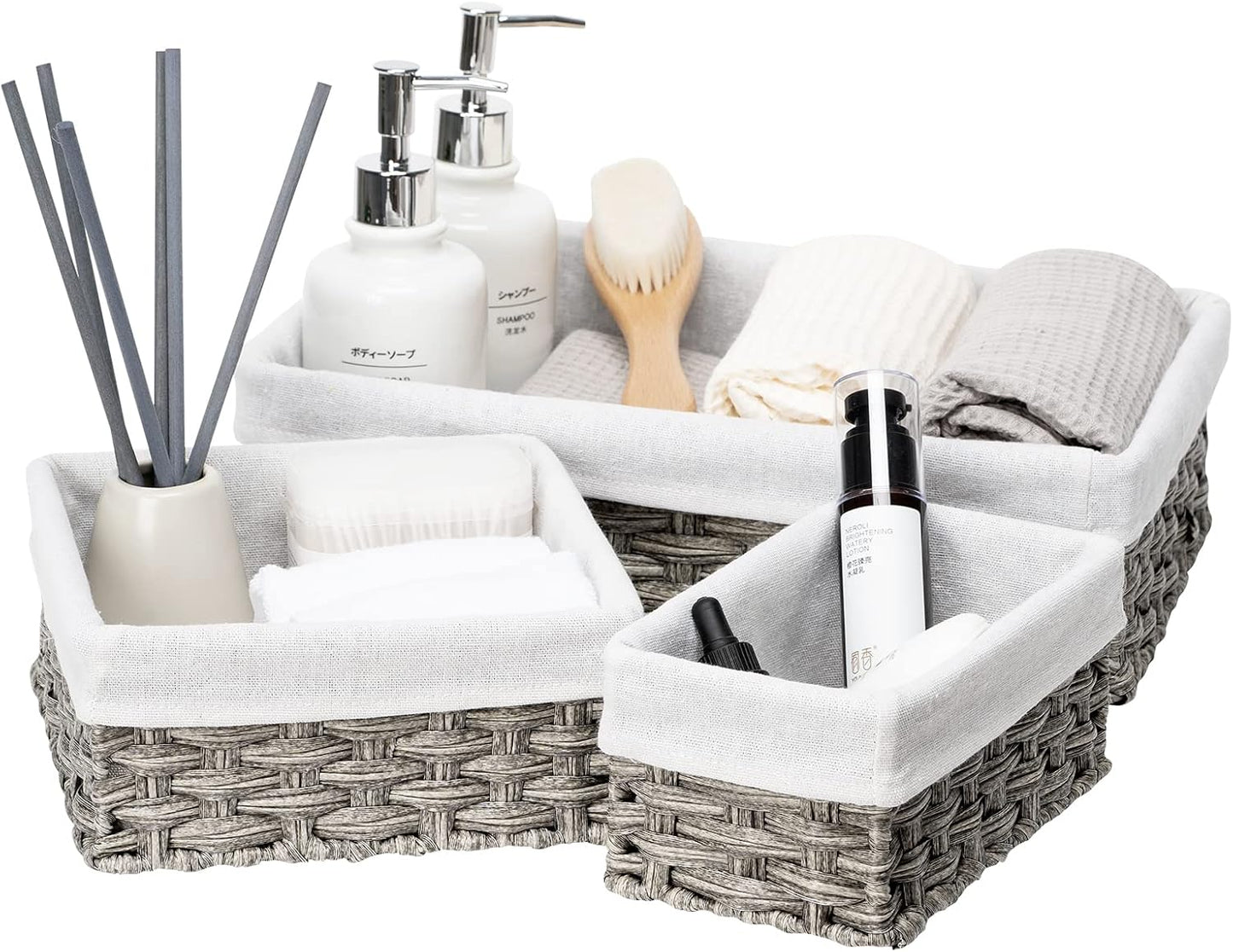 FairyHaus Wicker Baskets for Organizing 3 Pack, Waterproof Small Wicker Storage Basket for Shelves Rectangle, Nesting Lined Grey Plastic Woven Basket