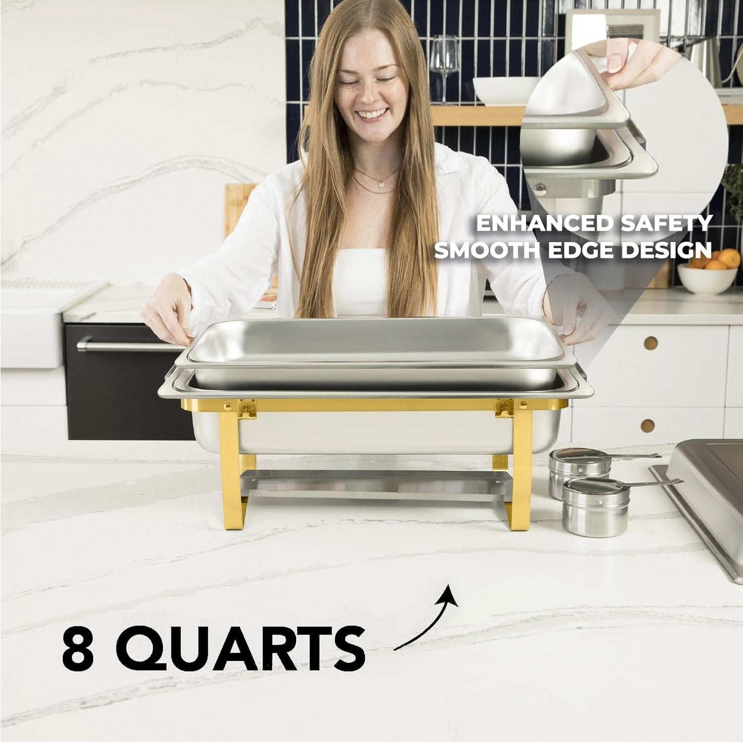 4 Pack 8QT Chafing Dish Full Set – Stainless Steel Catering Chafer with Lids, Pans & Fuel Holders – Buffet Food Warmers for Parties, Events & Weddings – Gold Frame