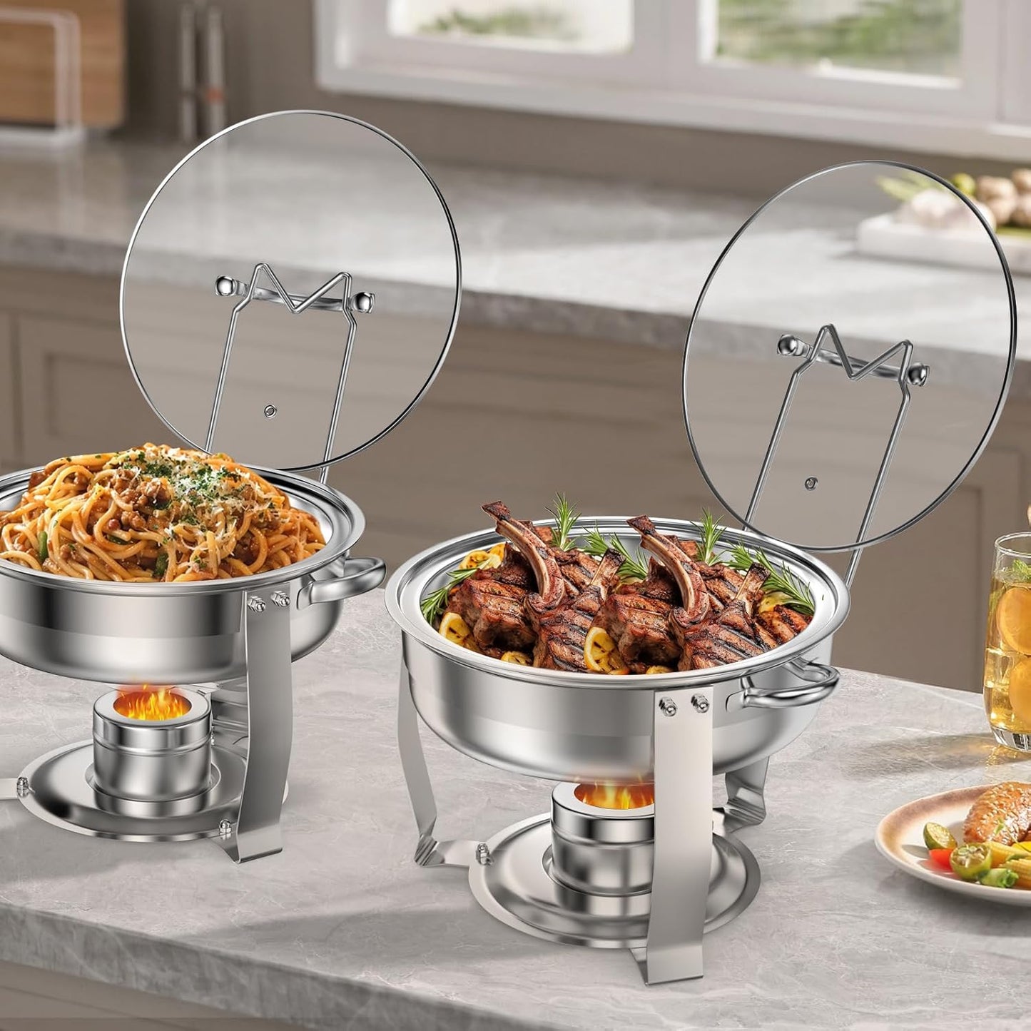4 Packs 3 QT Round Chafing Dish Buffet Set, Stainless Steel Chafing Dishes with Glass Lid & Holder, Food Warmer for Parties Weddings Banquets Events