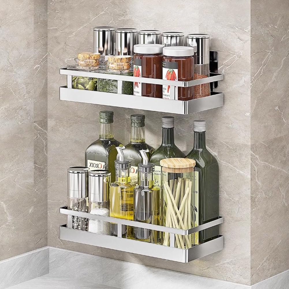2PCS Kitchen Spice Rack, SUS304 Stainless steel Wall Mount Storage Rack, Seasoning Container, 11.8Inch Spice Organizer, Kitchen Seasoning Hanging Rack, Bathroom Shelf for Storing Toiletries