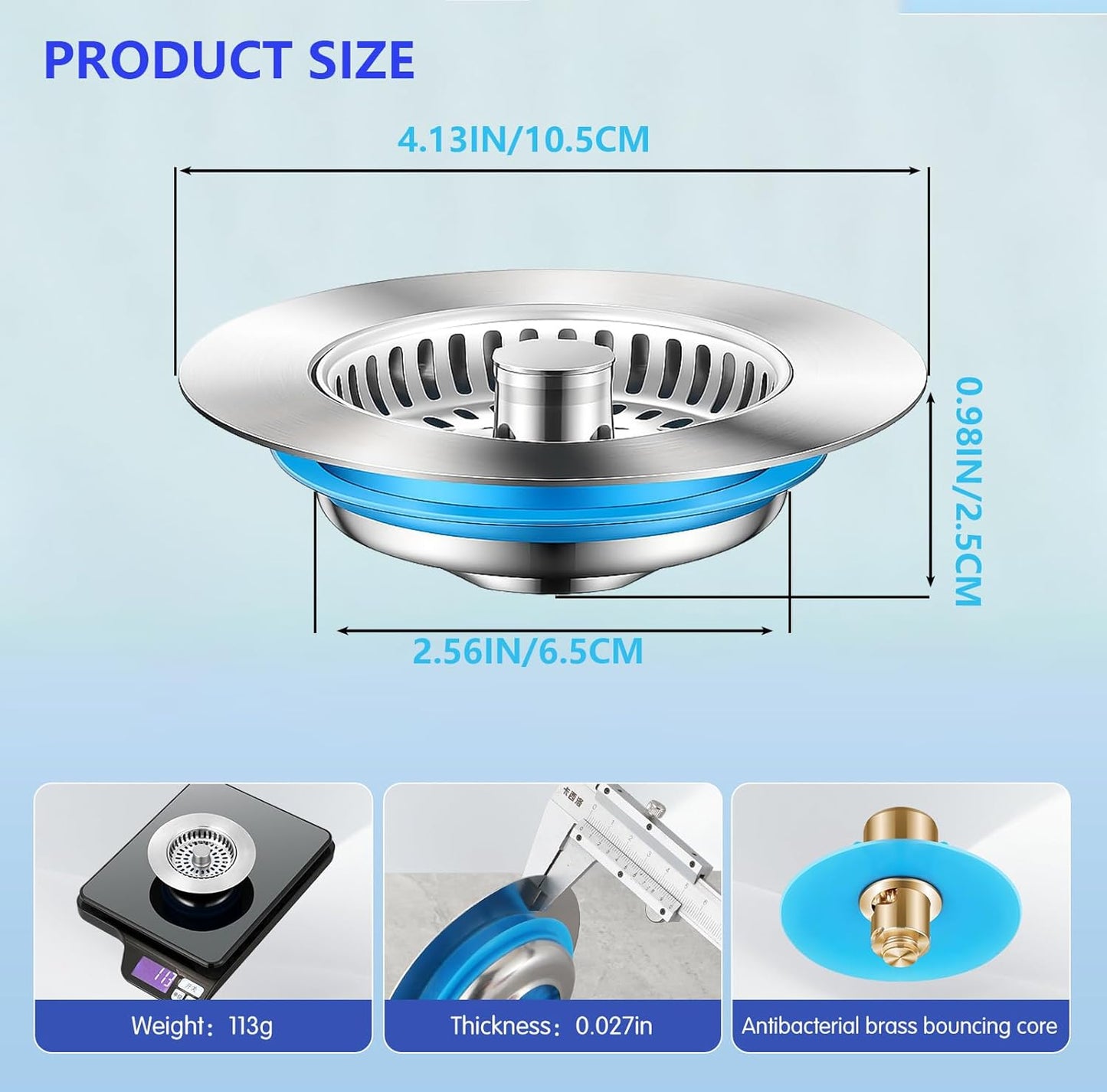 3-in-1 Kitchen Sink Drain Strainer Stopper,Stainless Steel Sink Stopper, Anti-Clogging Sink Food Catcher Basket,Universal Sink Protector Cover for Standard 3-1/2 Inch Drain