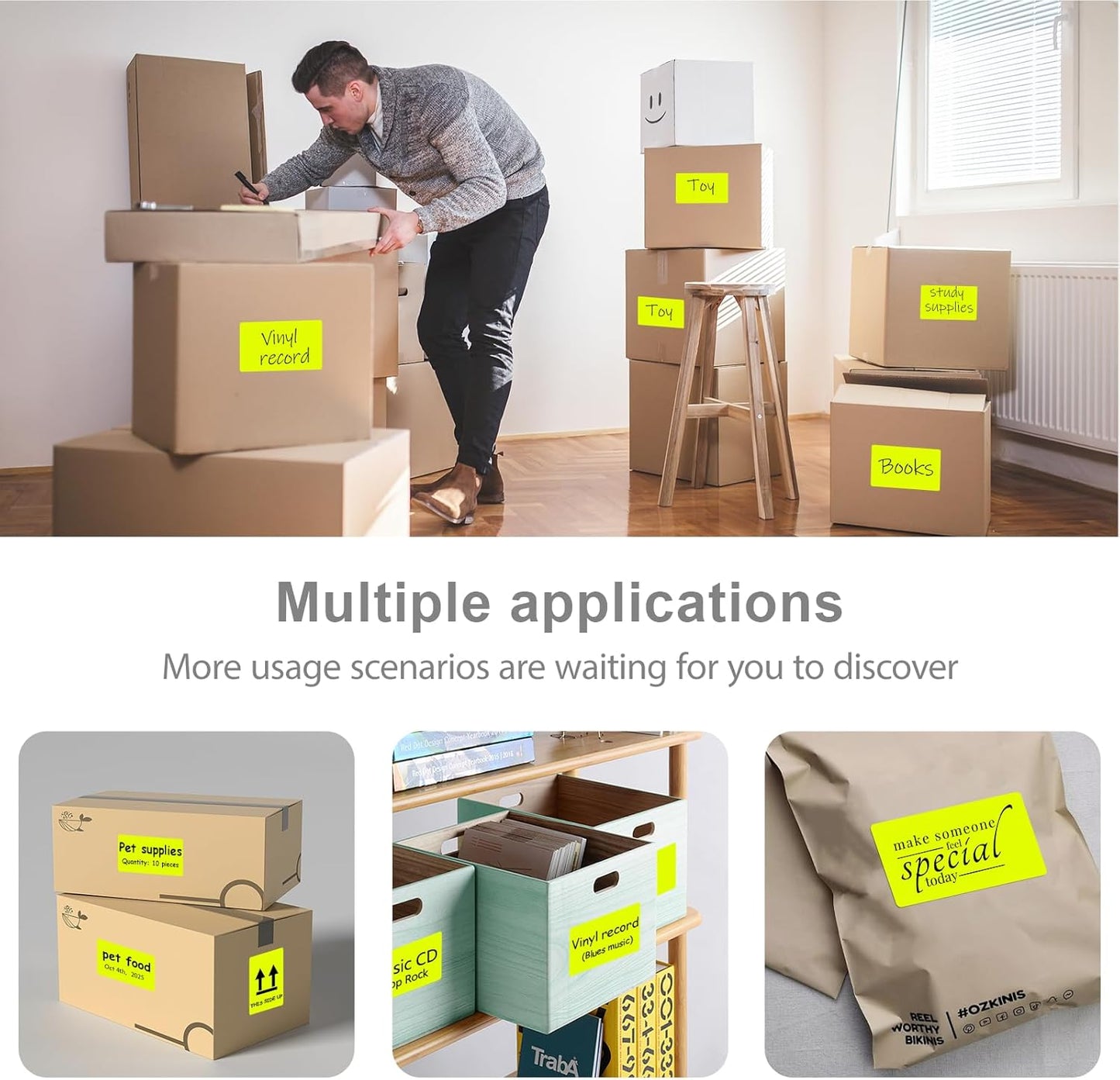 3 X 5 Inch Printable Rectangle Color Coding Labels, 300 Per Roll Adhesive Color Coding Stickers for Bar-Codes, Address, Small Business Labeling, Inventory, Fluorescent Yellow